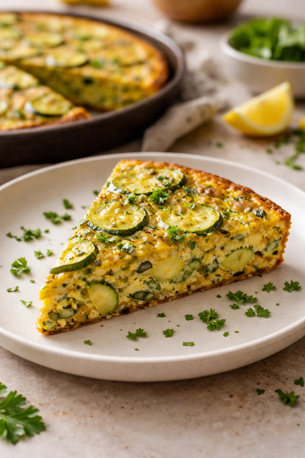 Slice of zucchini herb frittata on a plate
