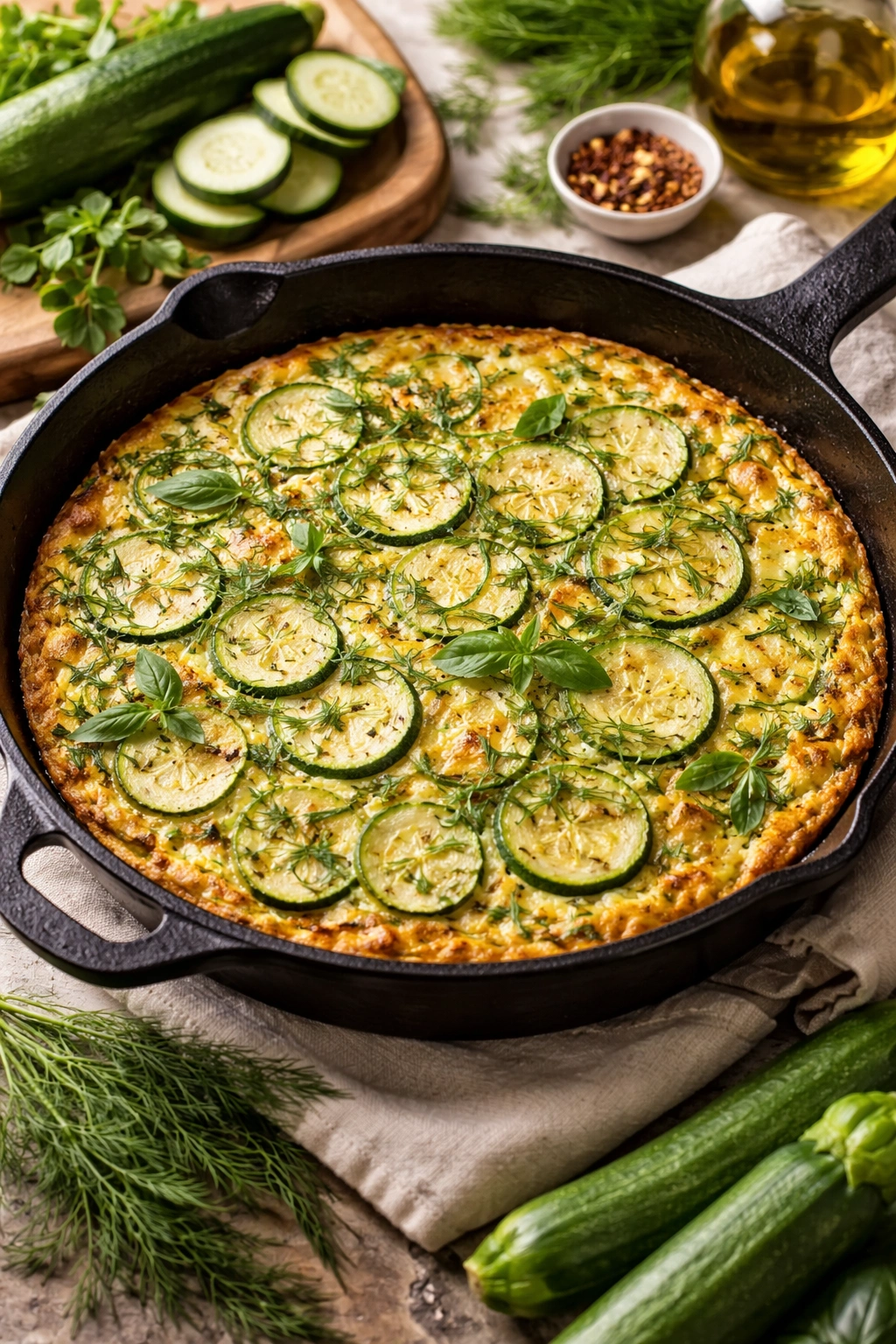 Zucchini and herb frittata in a cast-iron skillet, golden top