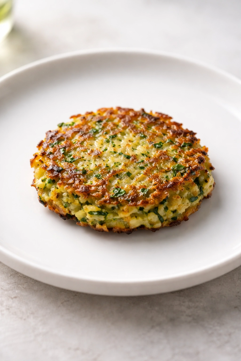 Close-up of a crispy zucchini fritter on a white plate with herb specks