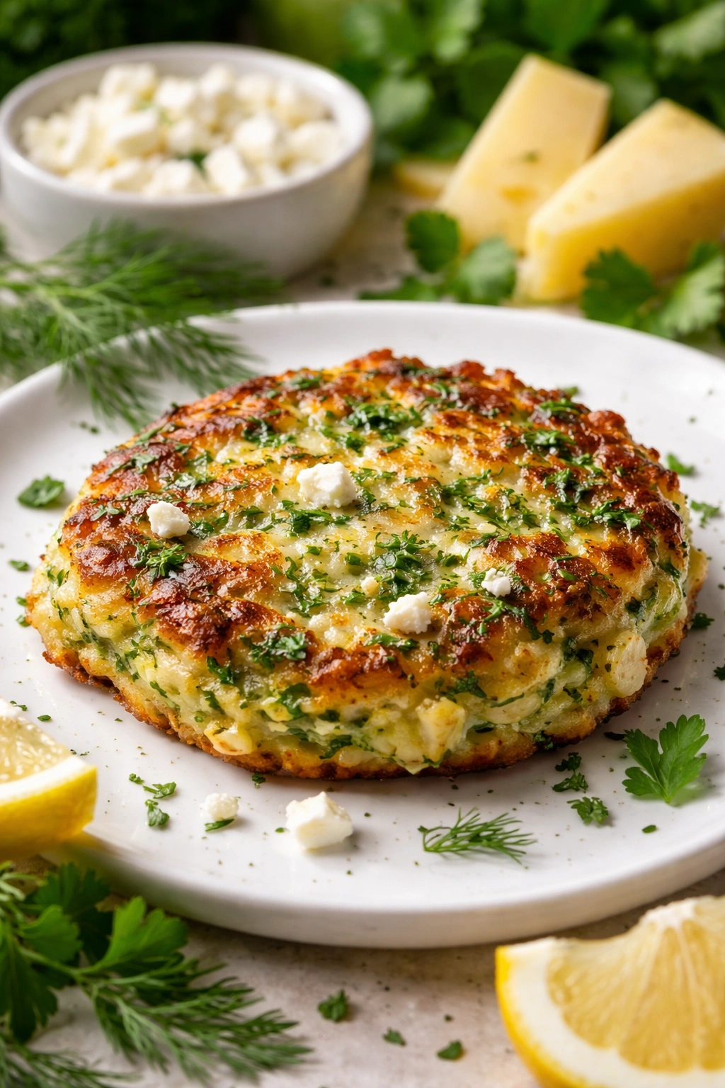 Zucchini fritter with herbs and cheese flecks on plate