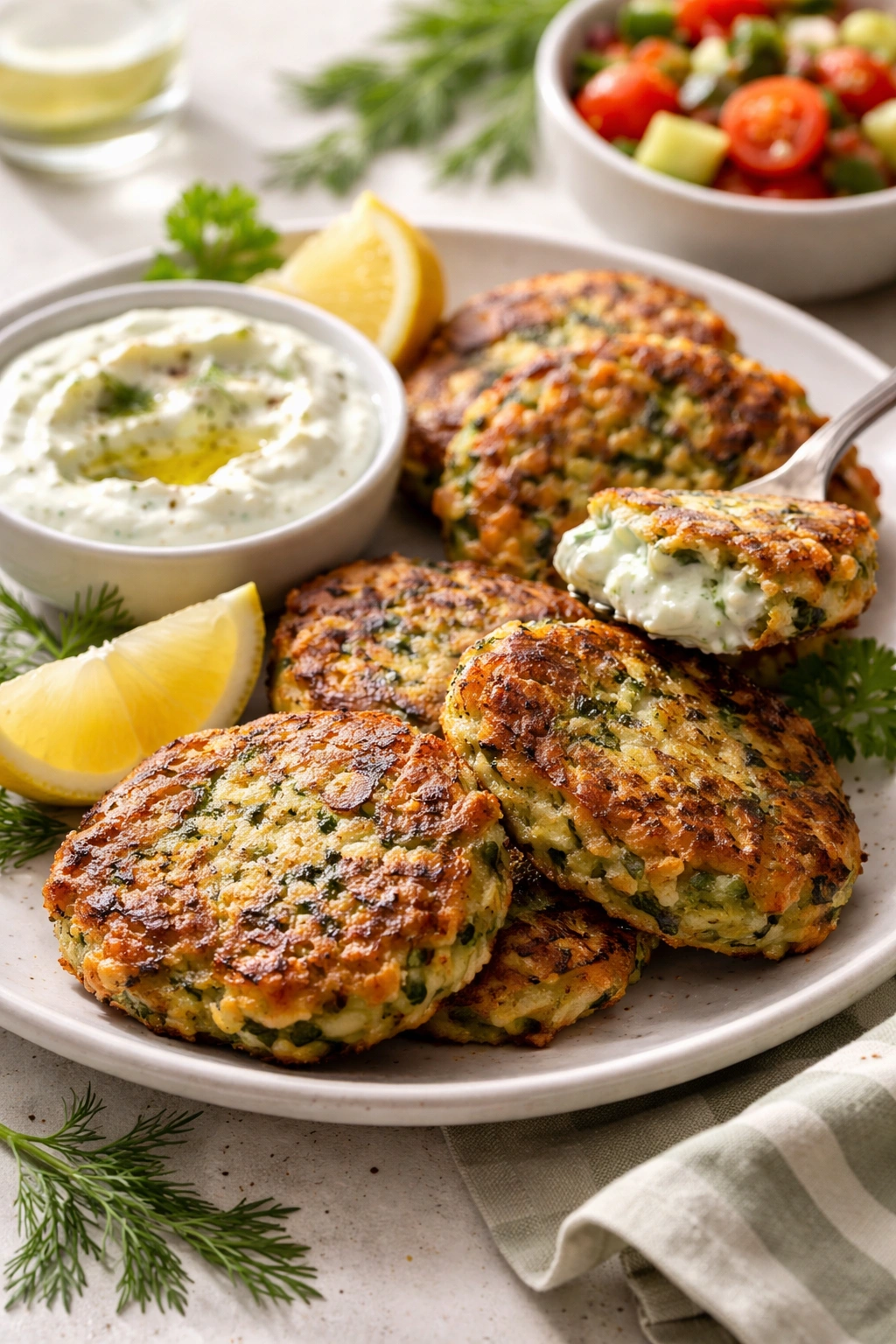 Zucchini fritter with lemon wedge on plate