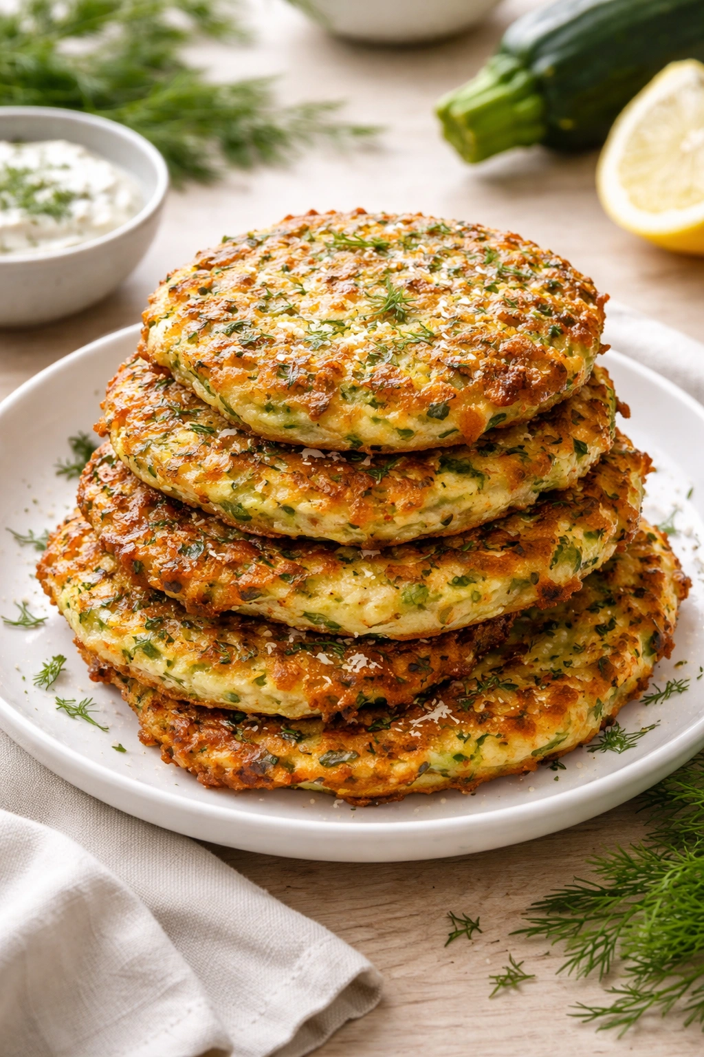 Close-up of crispy zucchini fritters on a white plate