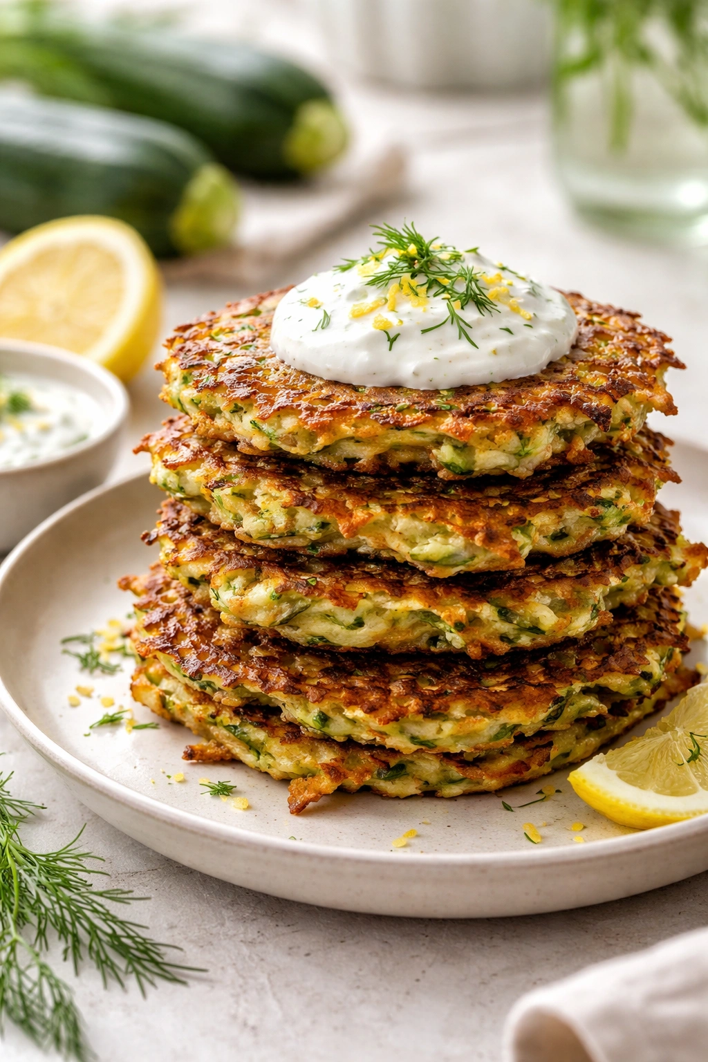 Close-up of crispy zucchini fritters with lemon-dill yogurt on a plate