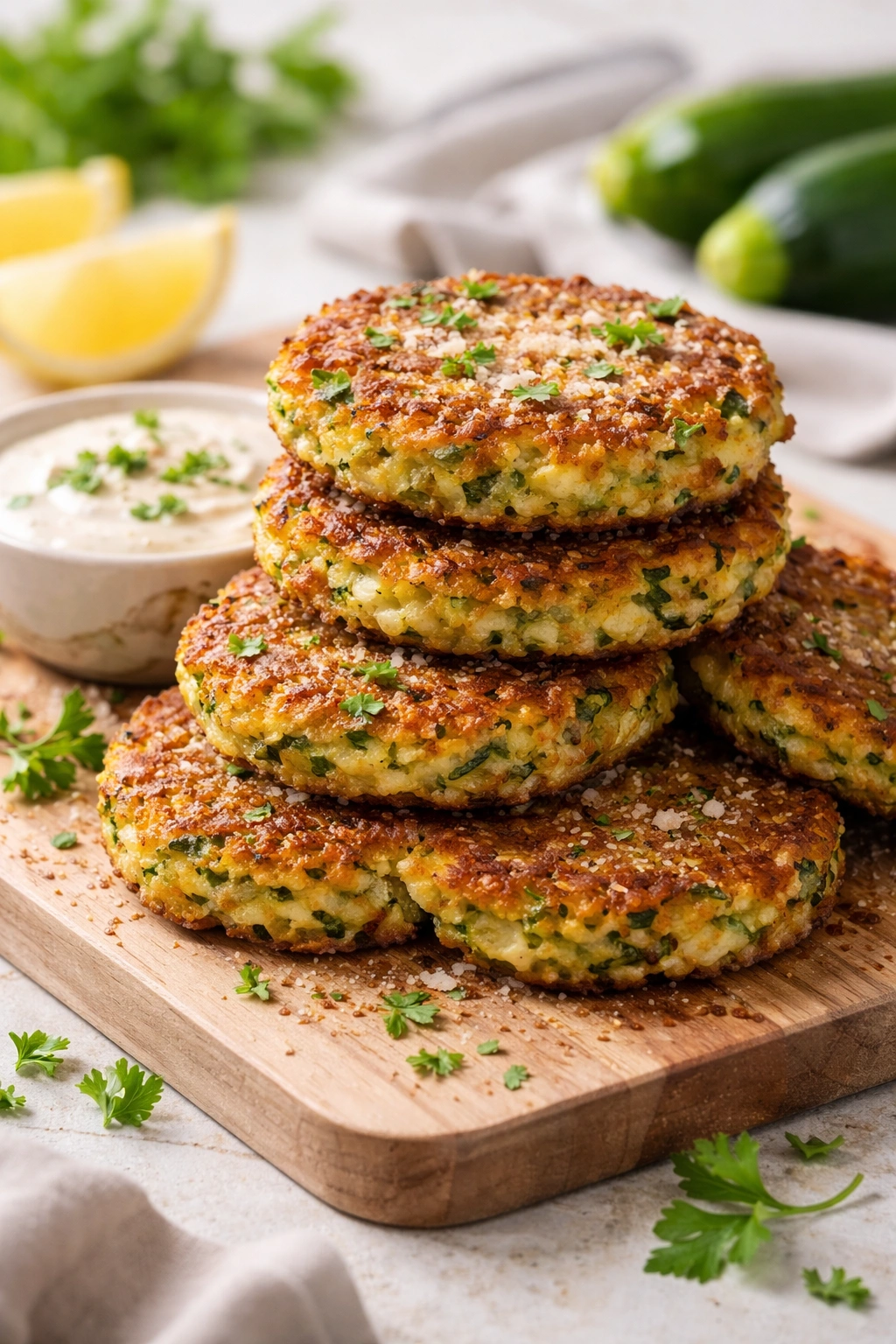 Close-up of crispy vegan zucchini fritters with golden crust on a plate
