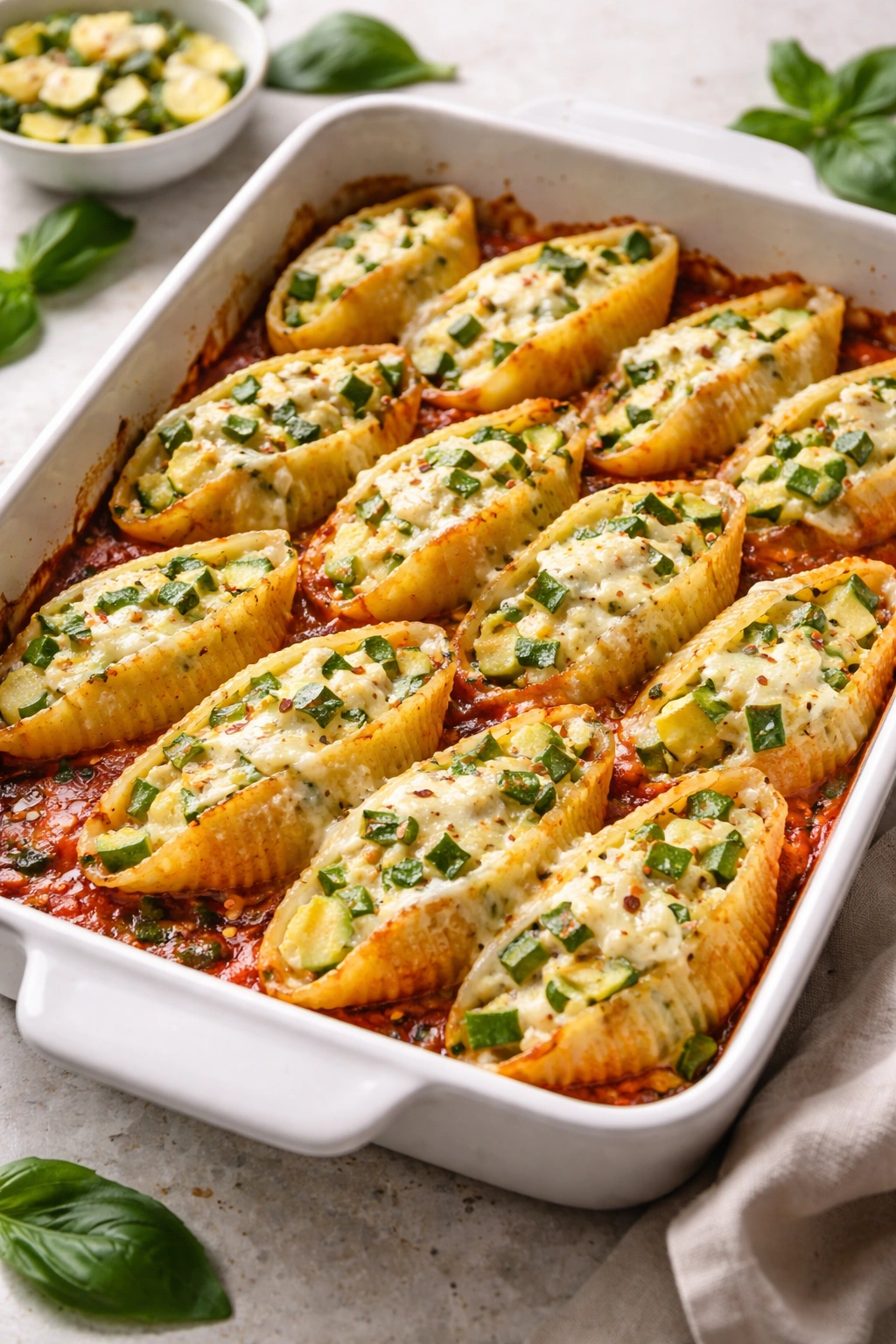 Zucchini mozzarella stuffed pasta shells in marinara