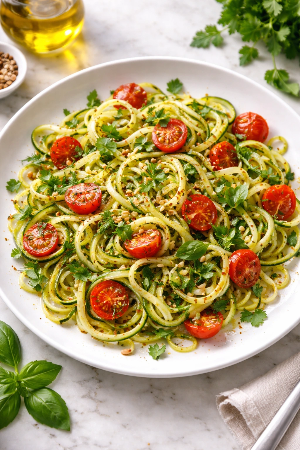Zucchini noodles with olive oil and herbs on plate