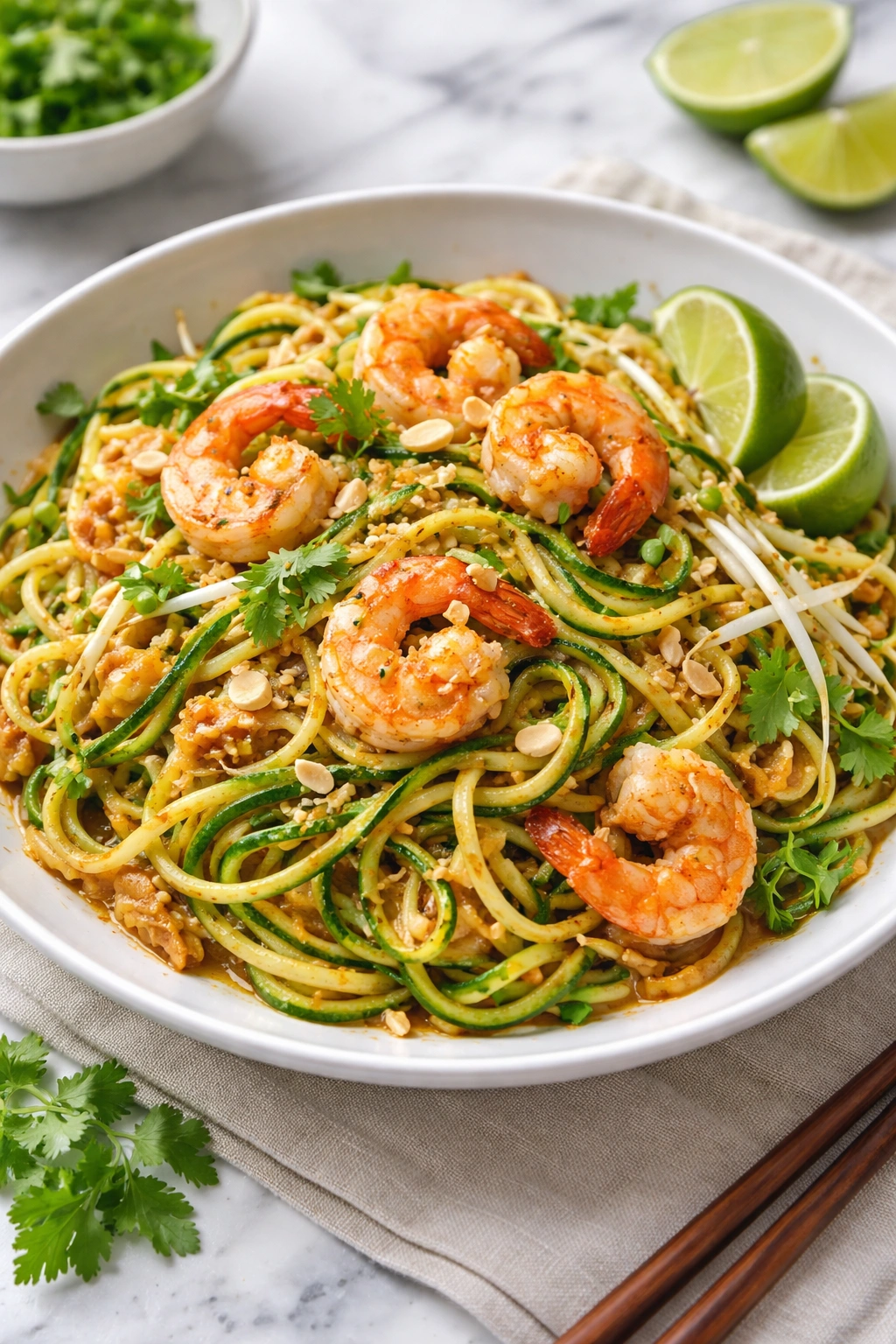 Zucchini noodle Pad Thai with shrimp in a light sauce