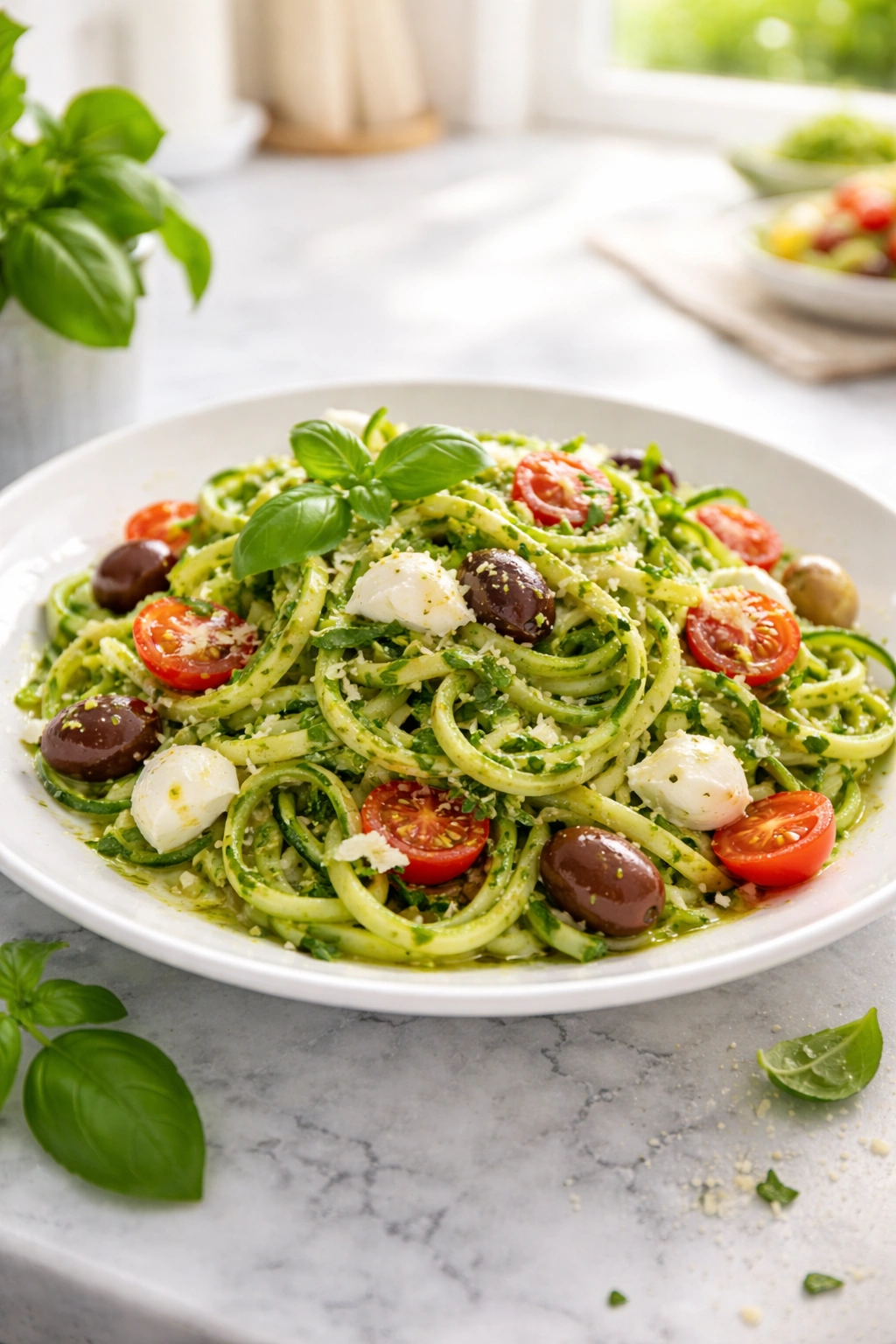 Zucchini noodles with basil pesto, cherry tomatoes, olives, and mozzarella.