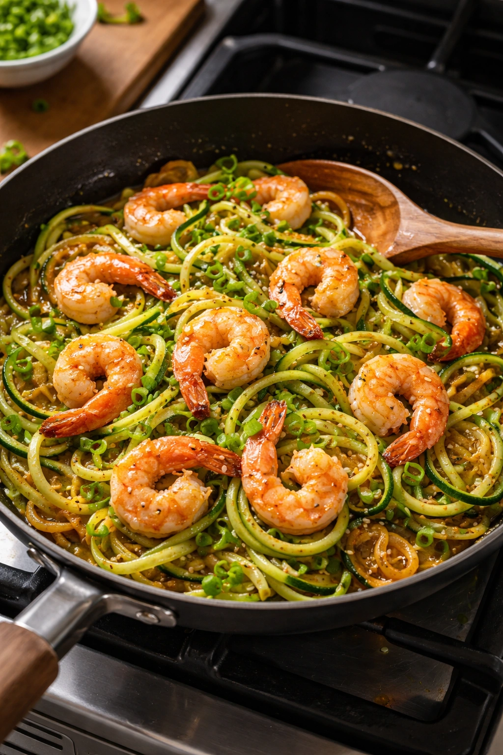 Close-up of zucchini noodle shrimp stir-fry with garlic in a skillet