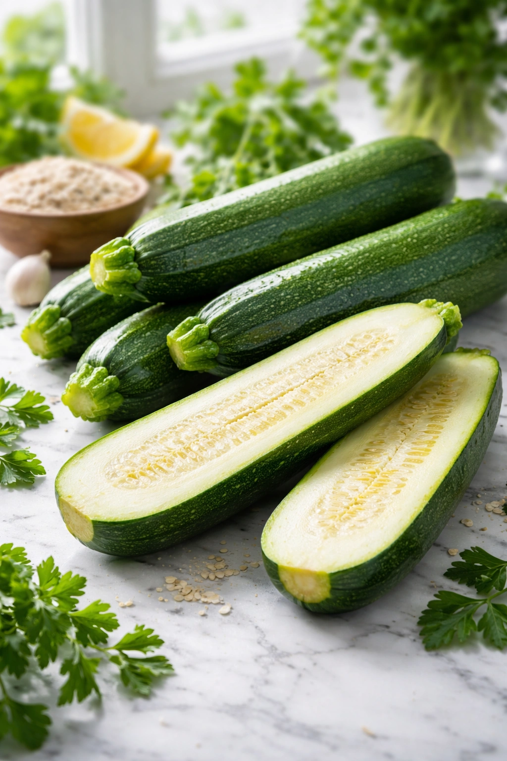 Fresh zucchini highlighting nutrition and fiber content