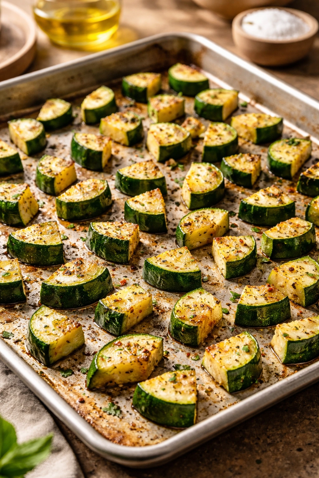 Zucchini pieces in a single layer on a baking sheet evenly spaced