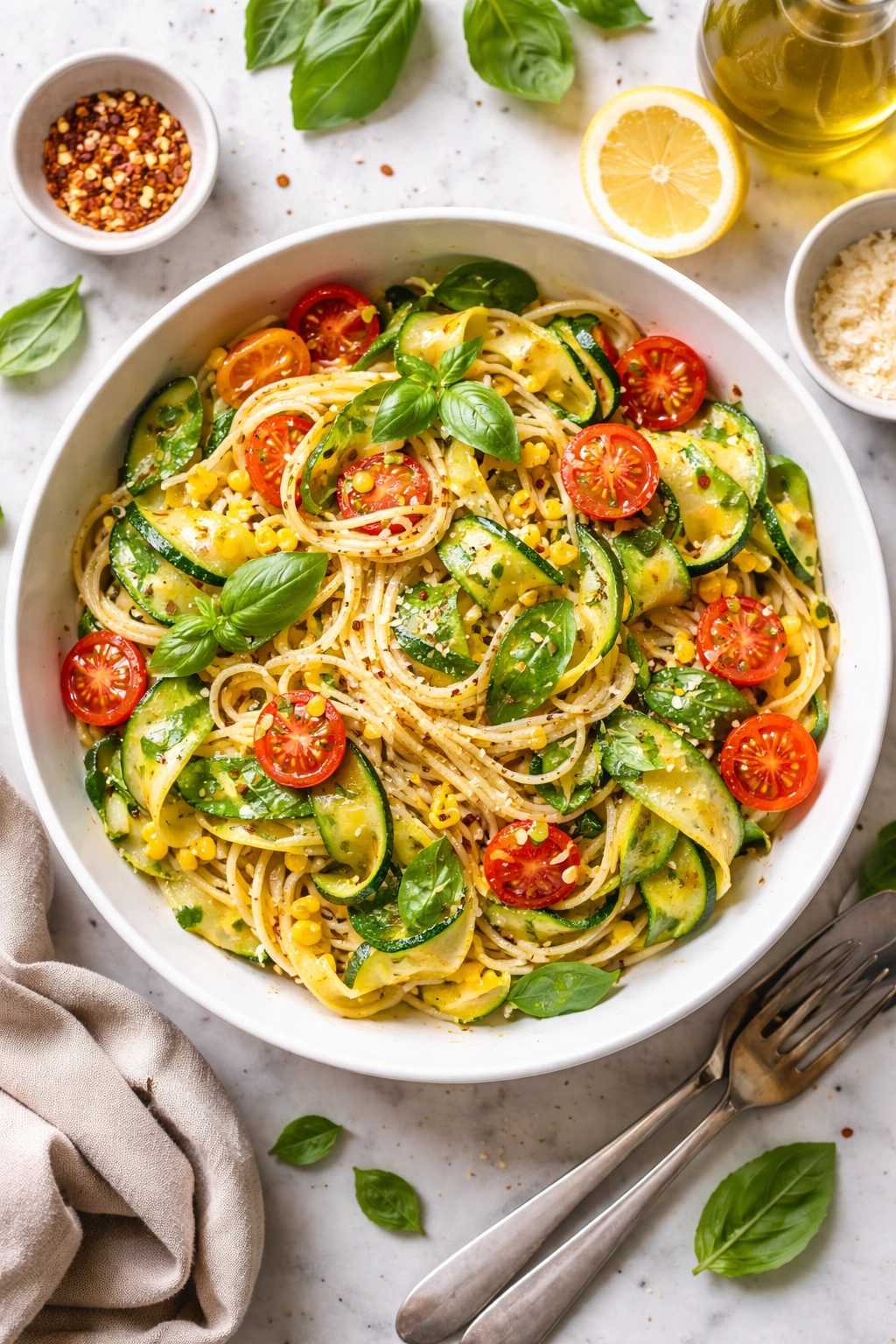 Pasta with zucchini ribbons tomatoes and basil