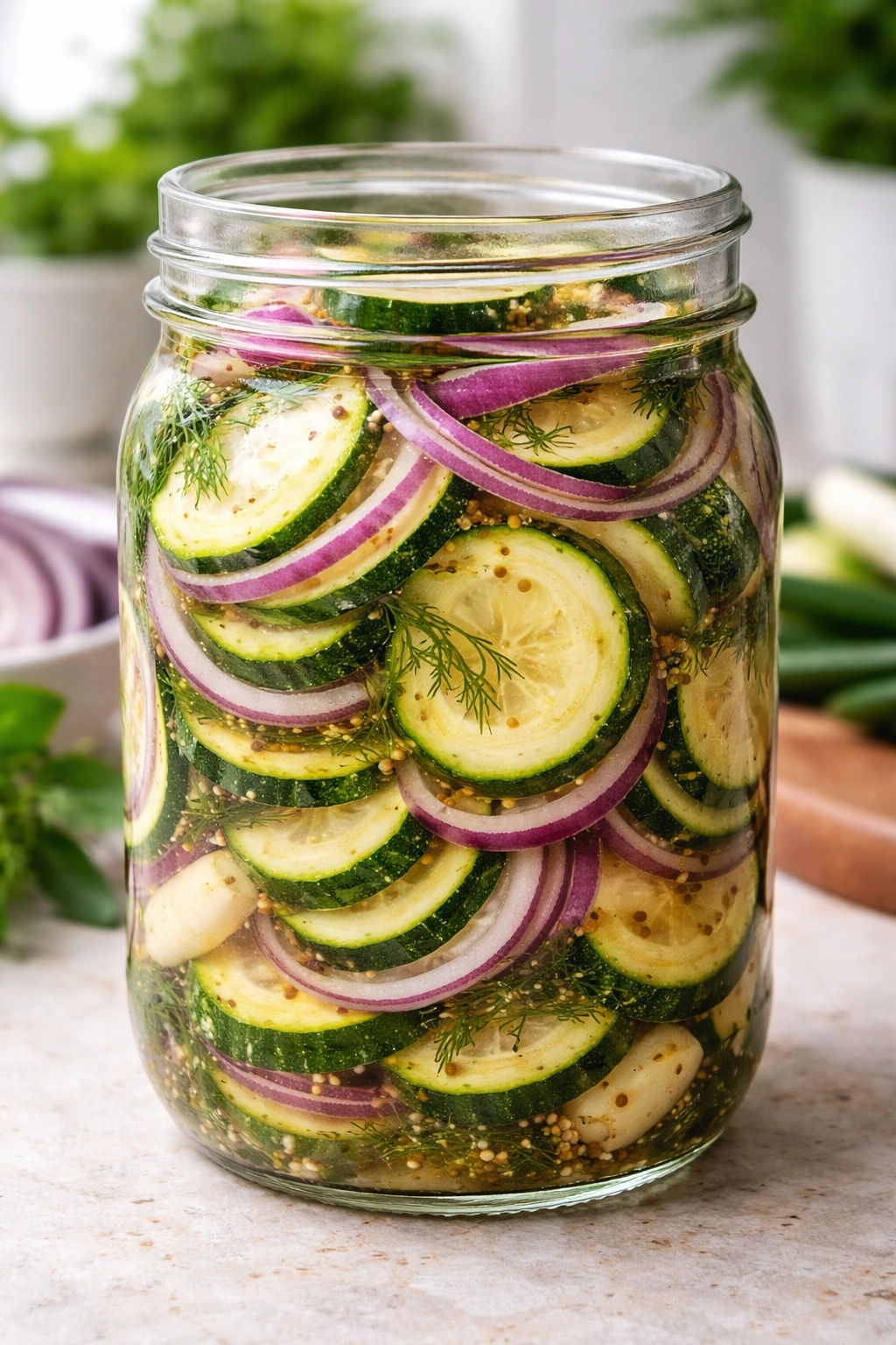 Quick pickled zucchini and onions in a glass jar with brine