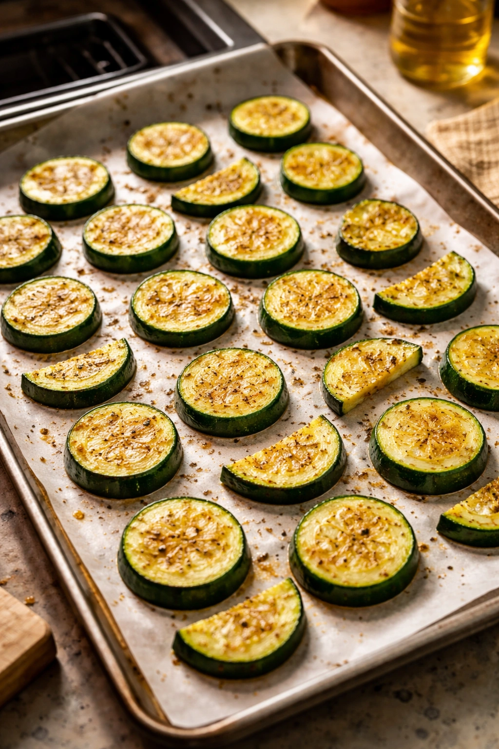 Zucchini slices spaced on a baking sheet ready to roast with dry surface