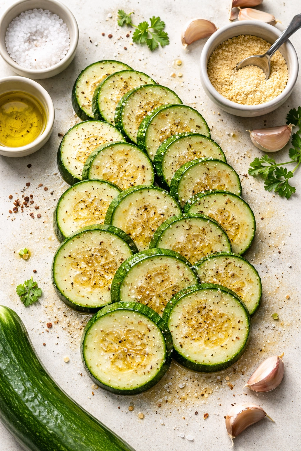 Sliced zucchini arranged on a neutral surface with a light sheen