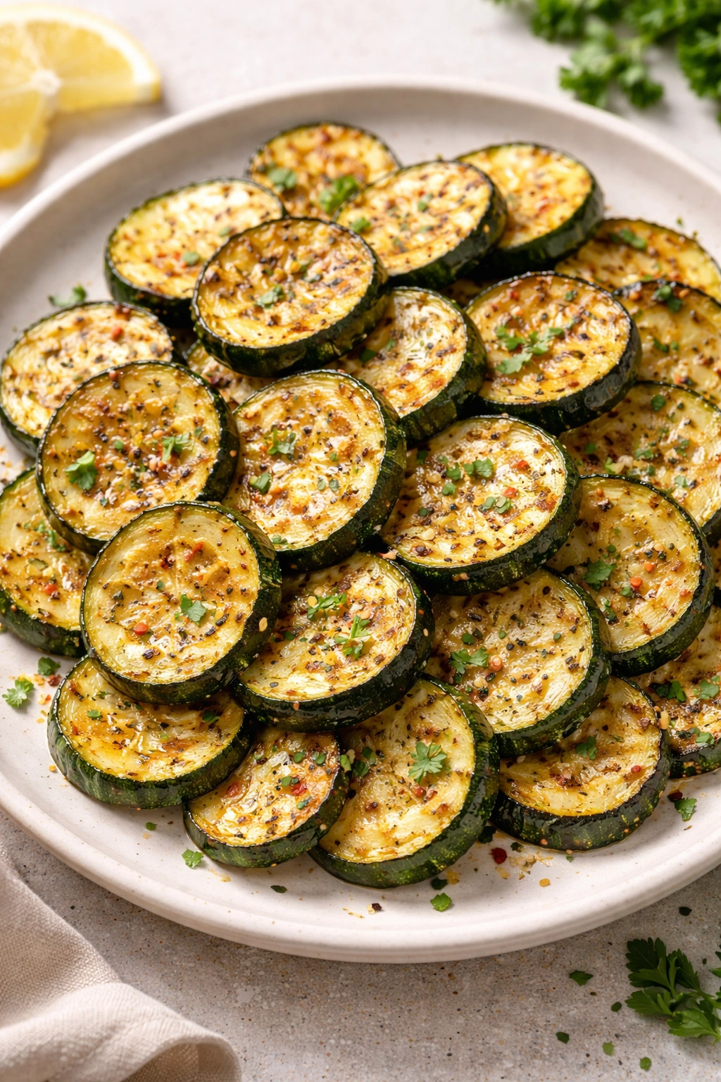 Plate of roasted zucchini slices with caramelized edges ready to serve