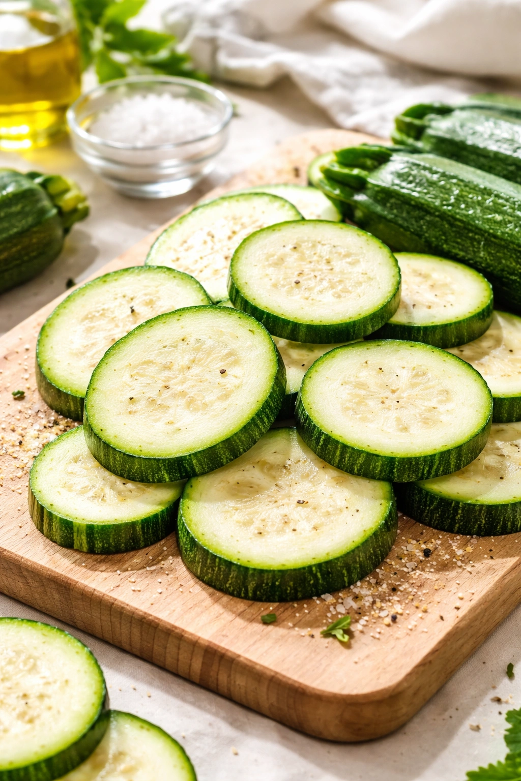 Close-up of zucchini slices on a wooden board, highlighting green skin and crisp texture