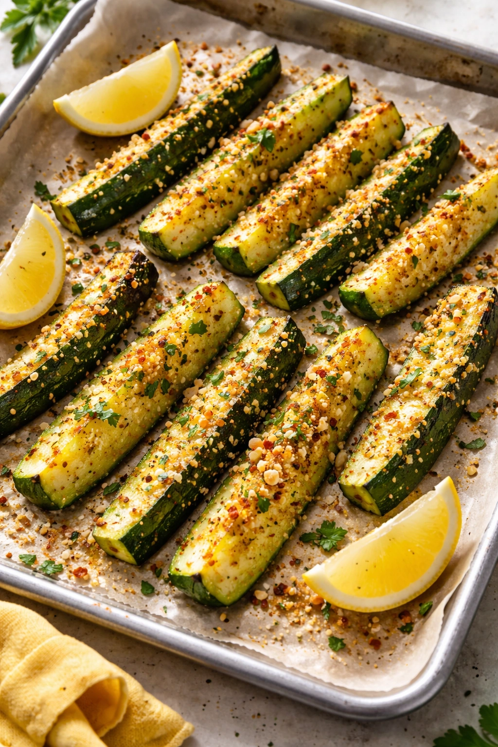 Roasted zucchini spears with crispy edges on a baking sheet