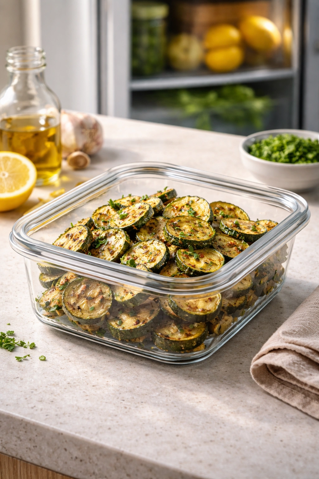 Roasted zucchini in a glass container ready for make-ahead storage