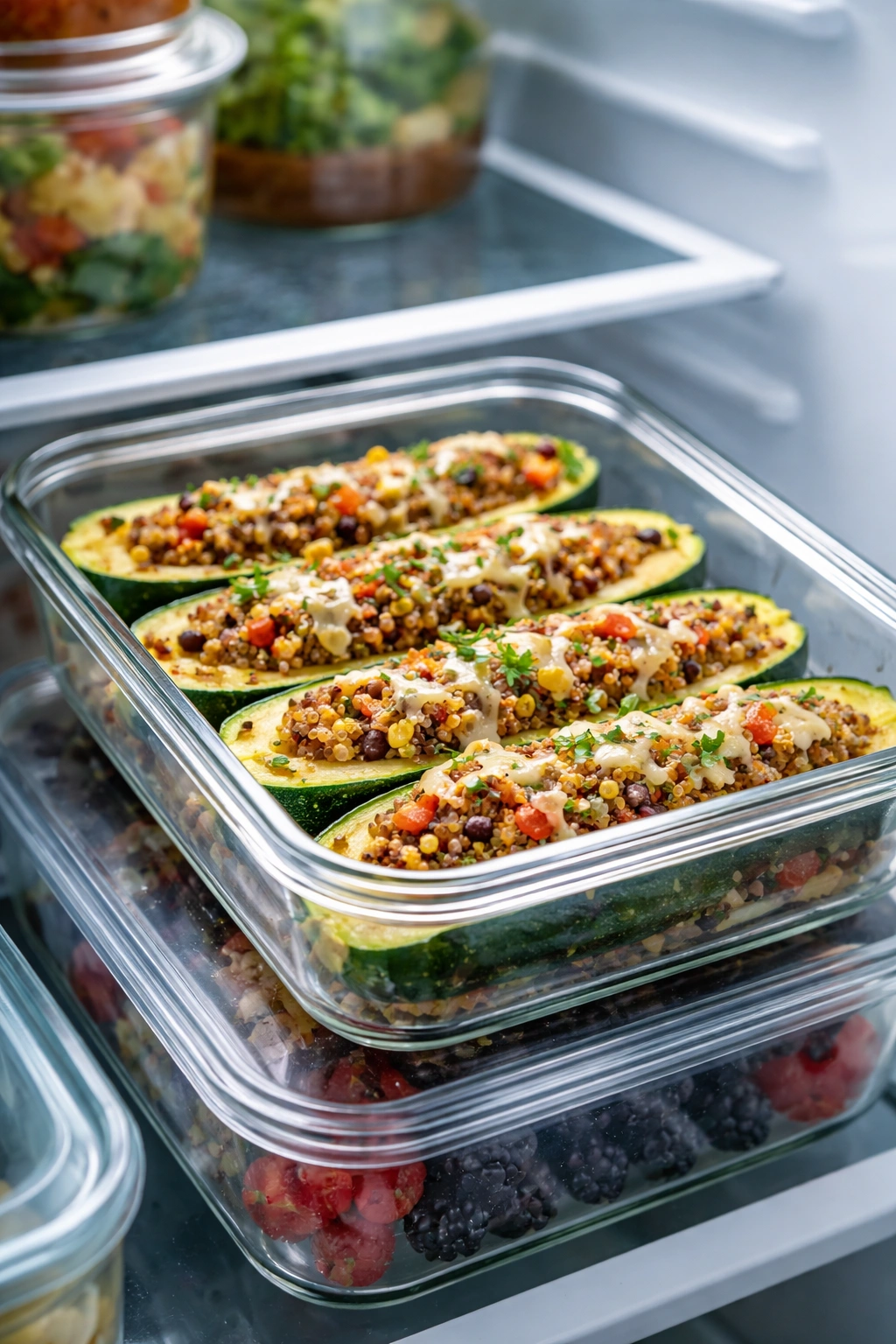Airtight container with stuffed zucchini boats in the fridge