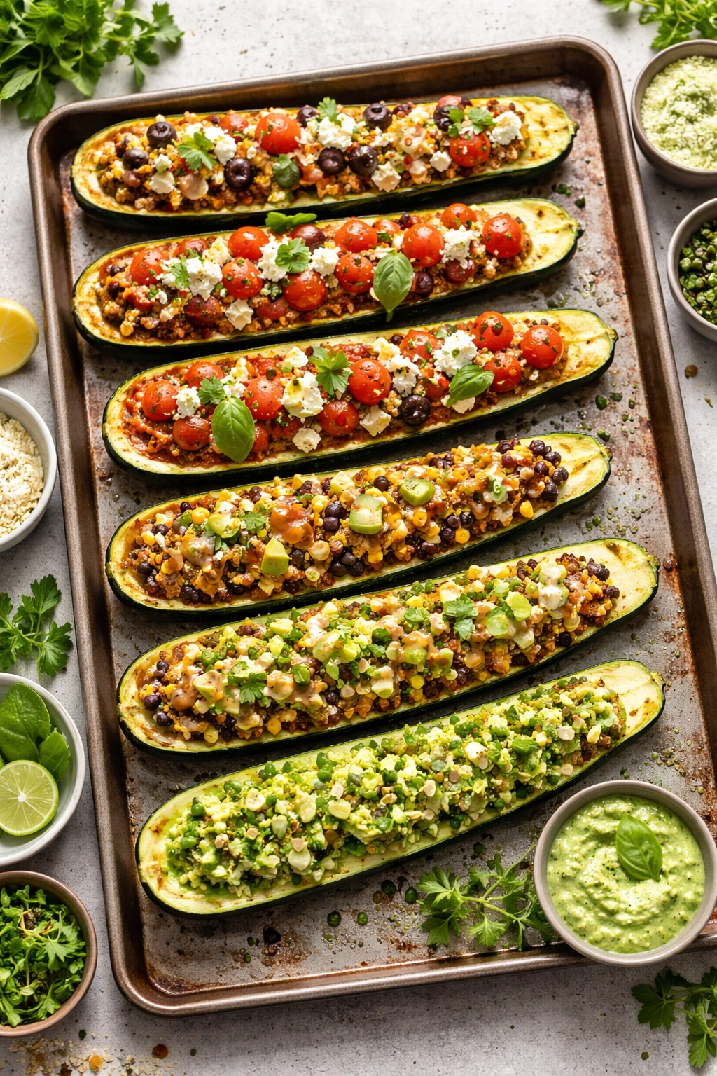 Row of stuffed zucchini boats with varied fillings