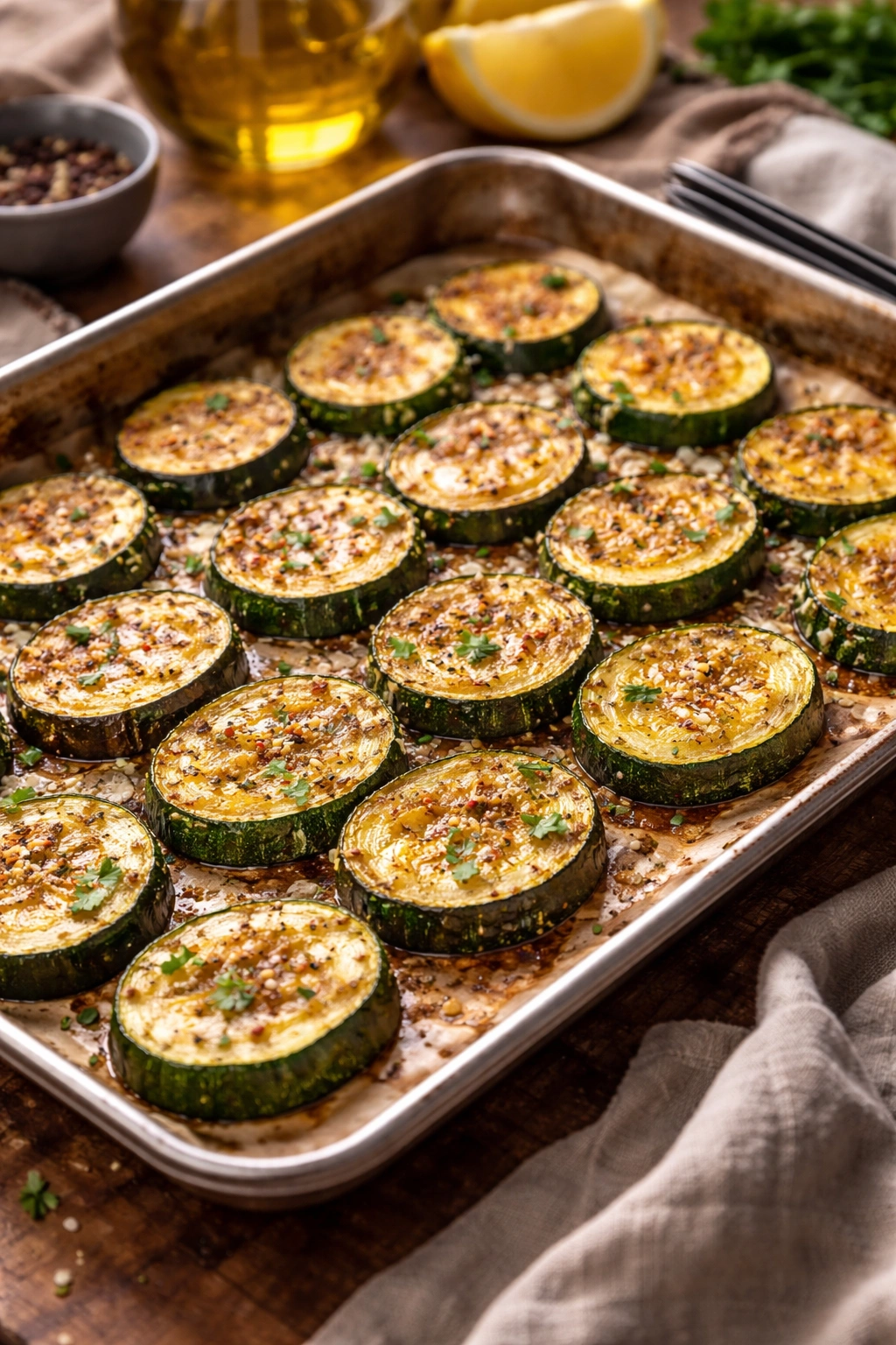 Zucchini slices with golden caramelization on a baking tray