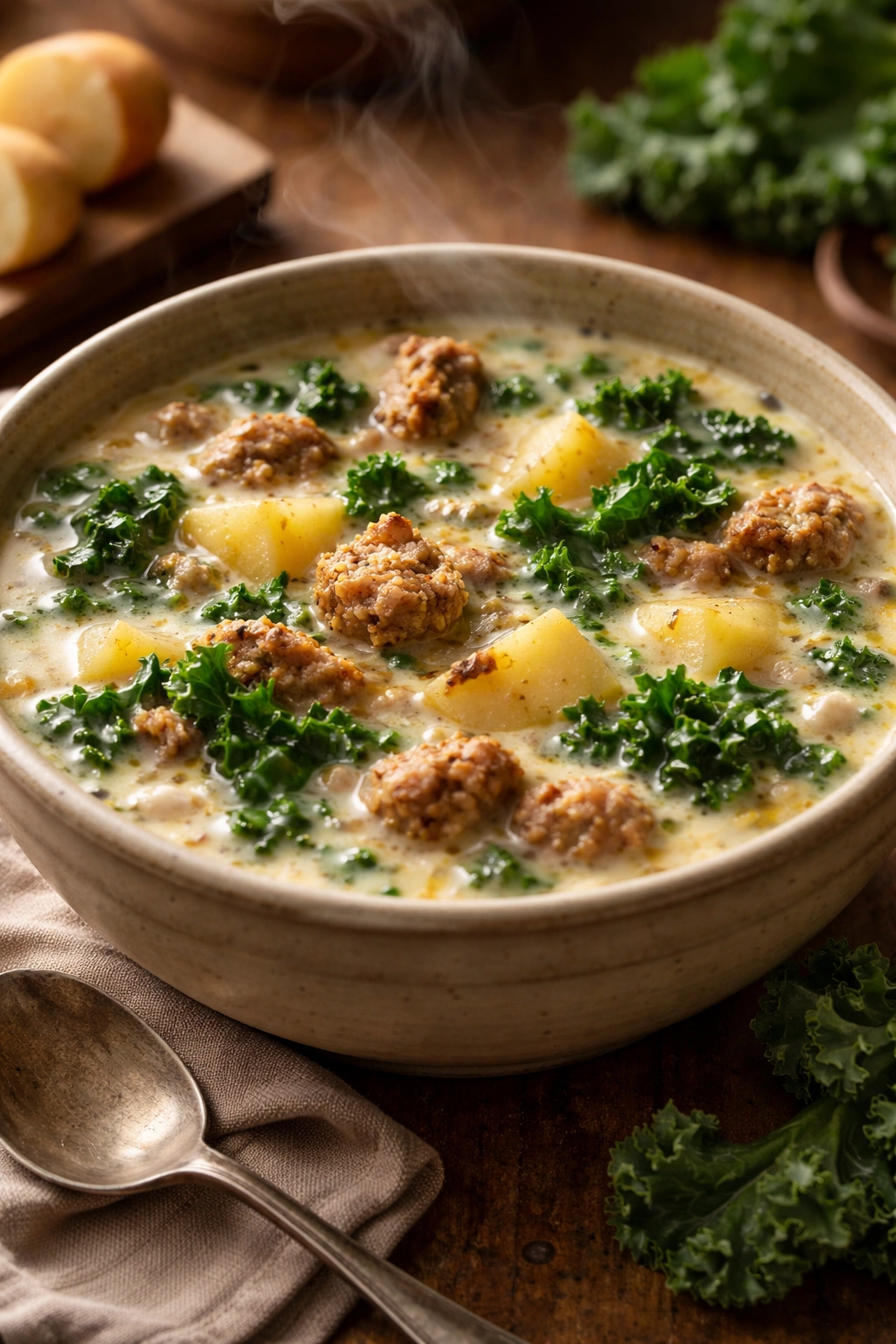 Creamy sausage soup with potatoes and kale in a rustic bowl