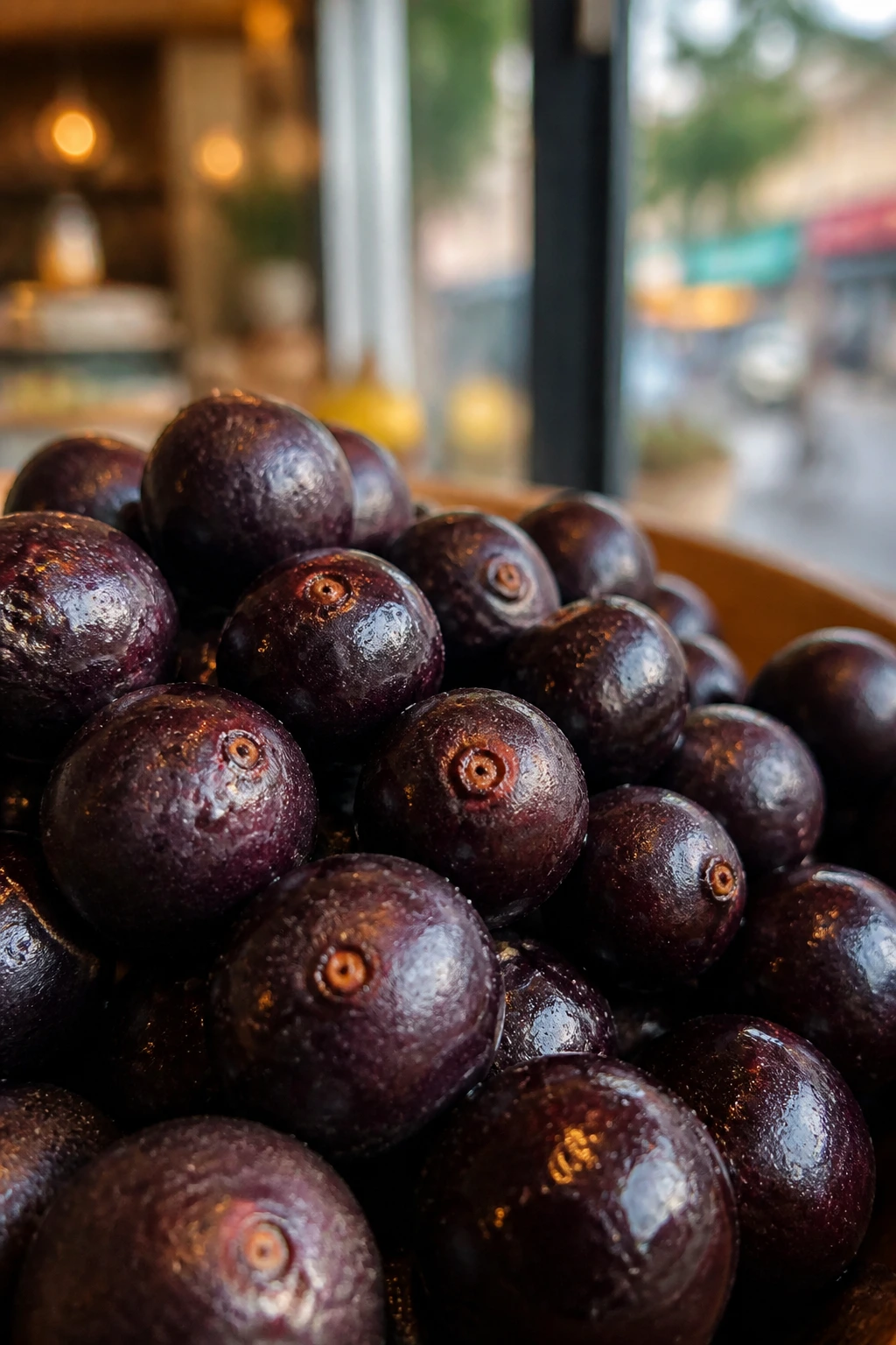 Exploring the pH Balance of Acai: Is Acai Acidic or Alkaline? 4 Close-up of acai berries on a cafe window seat with warm light.