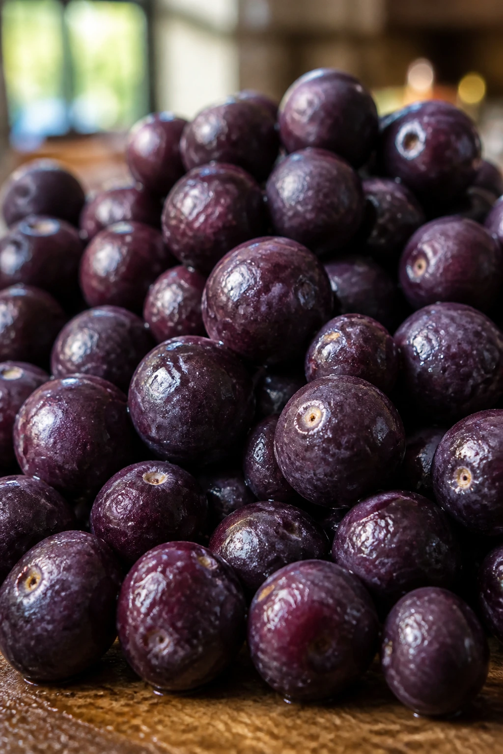 10 Special Fruits That Are Superfoods (For A Healthy Diet) 1 Close-up of a dense cluster of acai berries in a kitchen setting, rich purple color