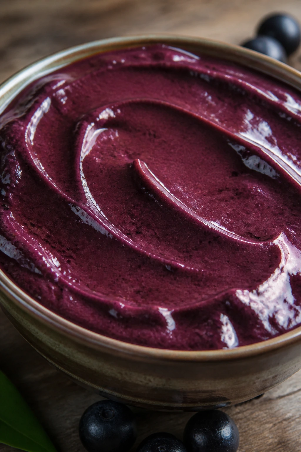 Glossy bowl of acai puree filling the frame in a kitchen setting