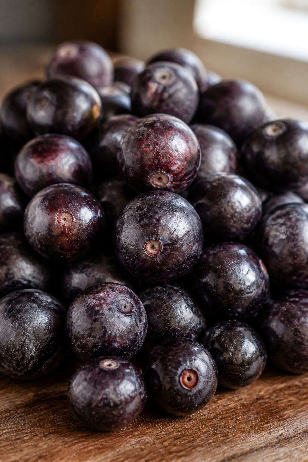 Exploring the pH Balance of Acai: Is Acai Acidic or Alkaline? 1 Close-up of a cluster of acai berries on a wooden table under natural light.