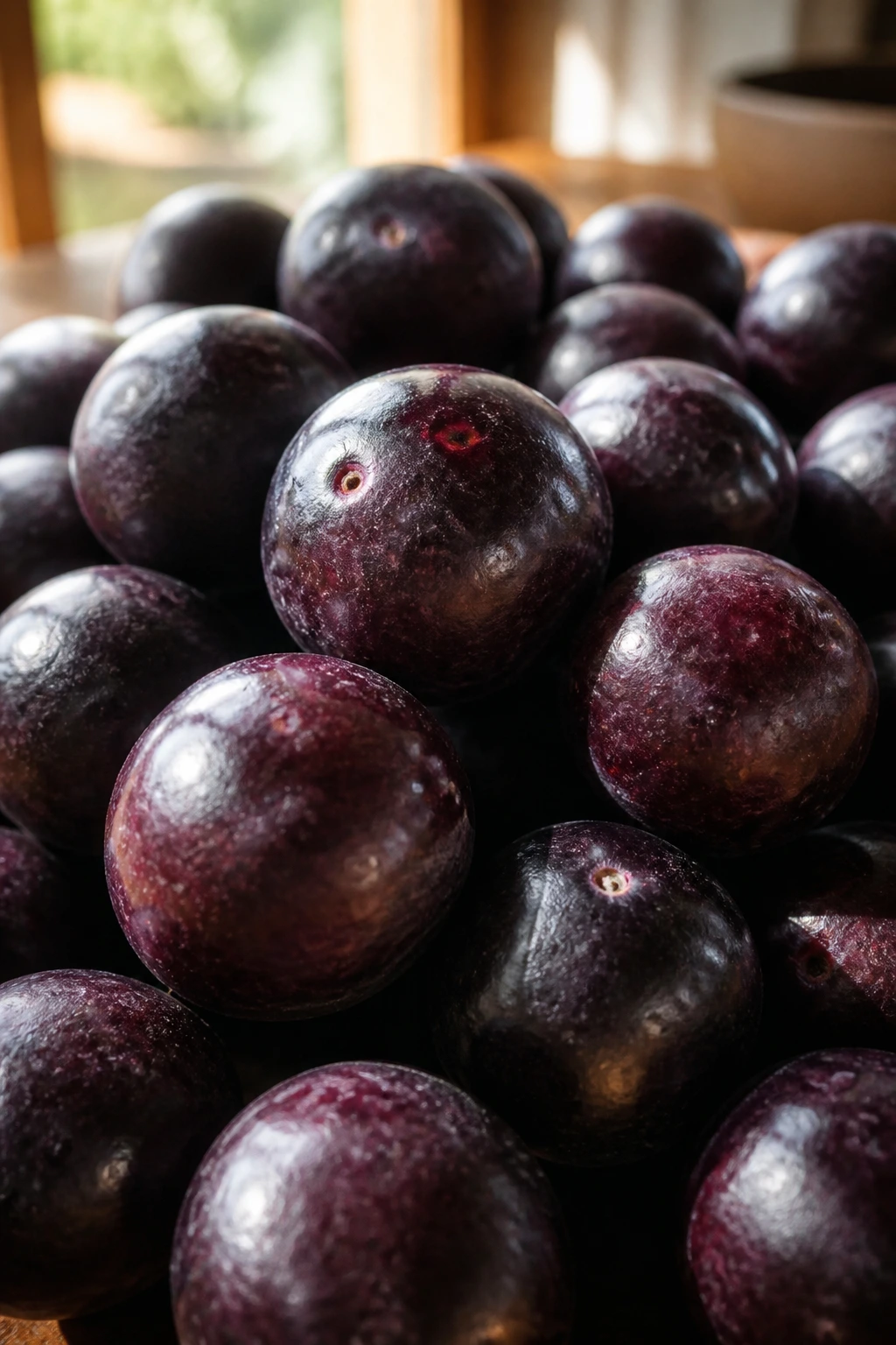 Exploring the pH Balance of Acai: Is Acai Acidic or Alkaline? 6 Close-up of acai berries with a soft glow on a wooden breakfast table.