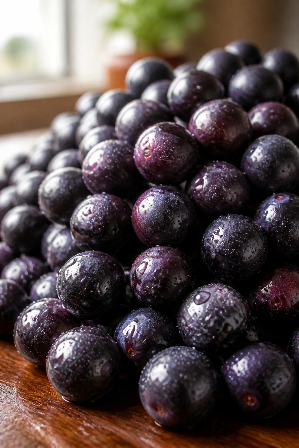 Exploring the pH Balance of Acai: Is Acai Acidic or Alkaline? 2 Close-up of acai berries on a wooden kitchen surface with soft daylight.