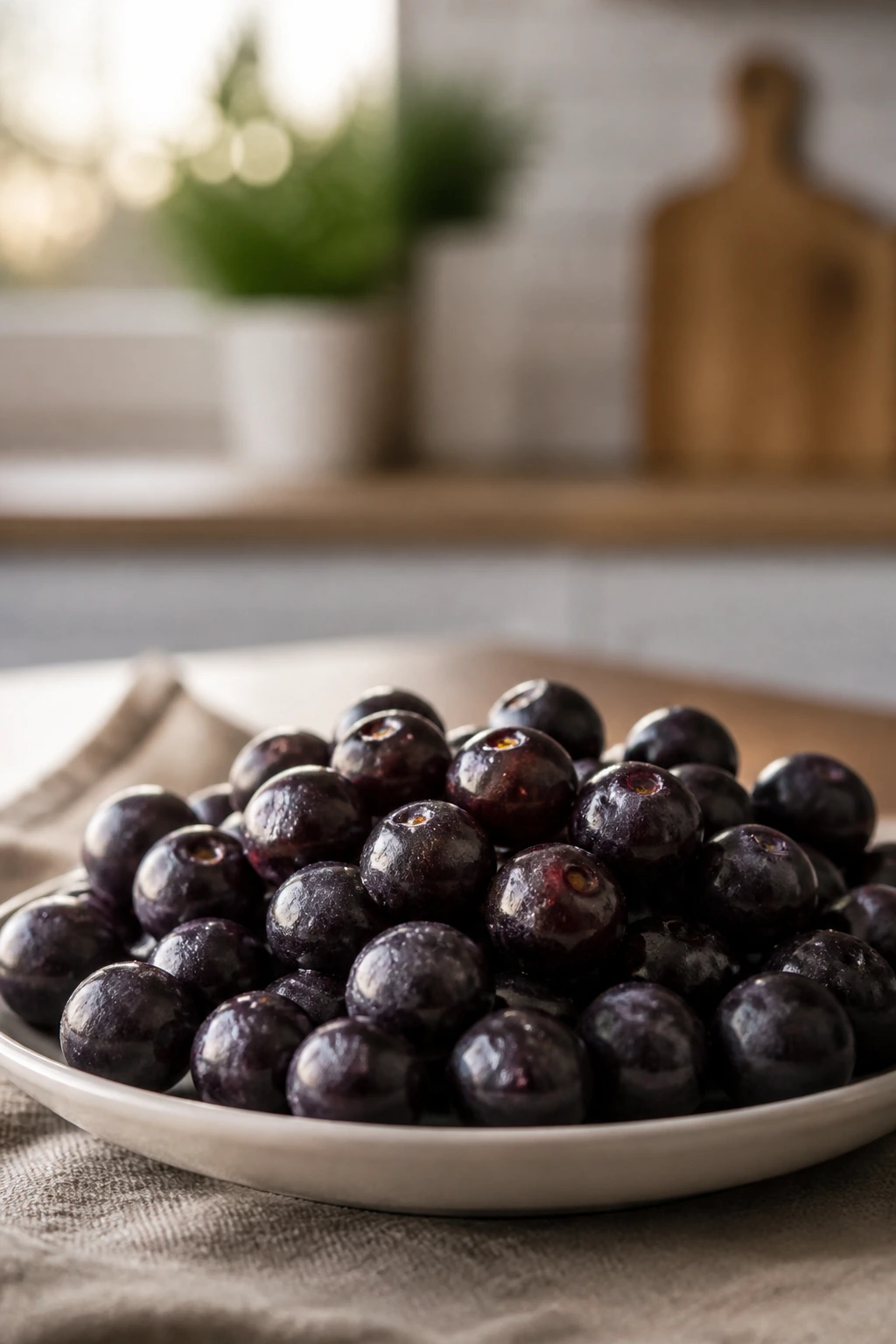 Acai berries on a plate with soft kitchen background