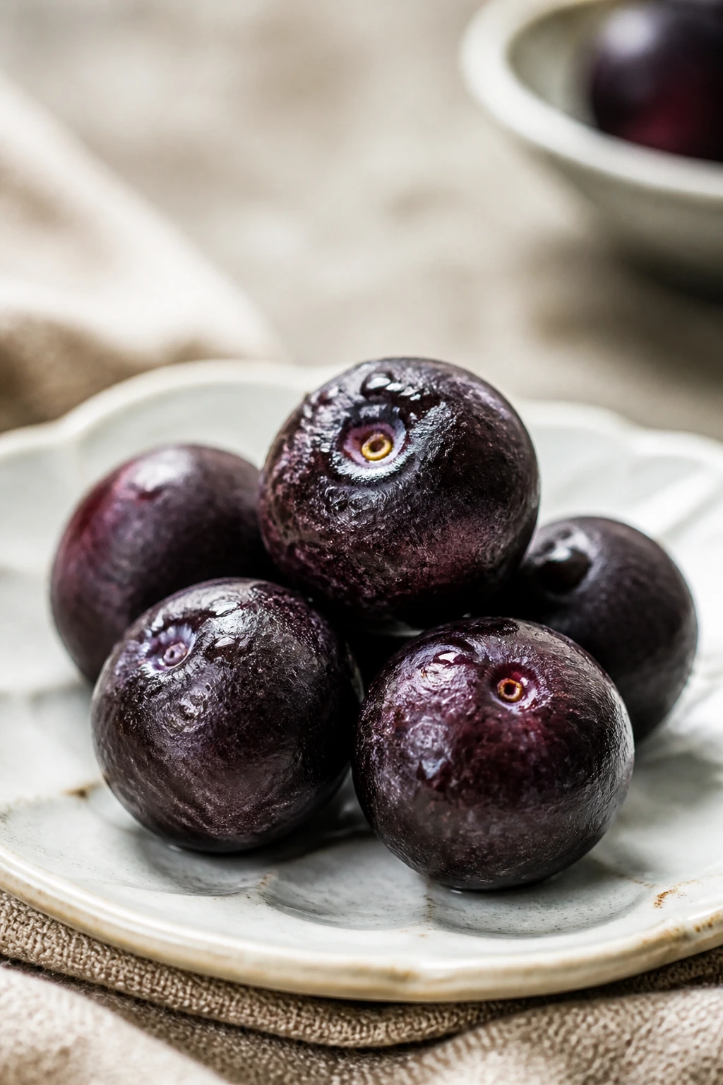 Small plate with acai berries in natural light