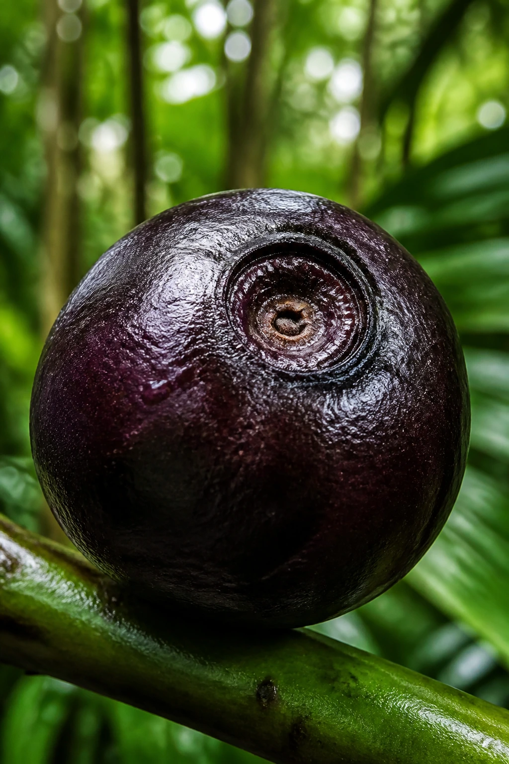 Is Acai A Tropical Fruit? All You Need To Know 1 Close-up of a single acai berry with dark purple skin in a rainforest setting
