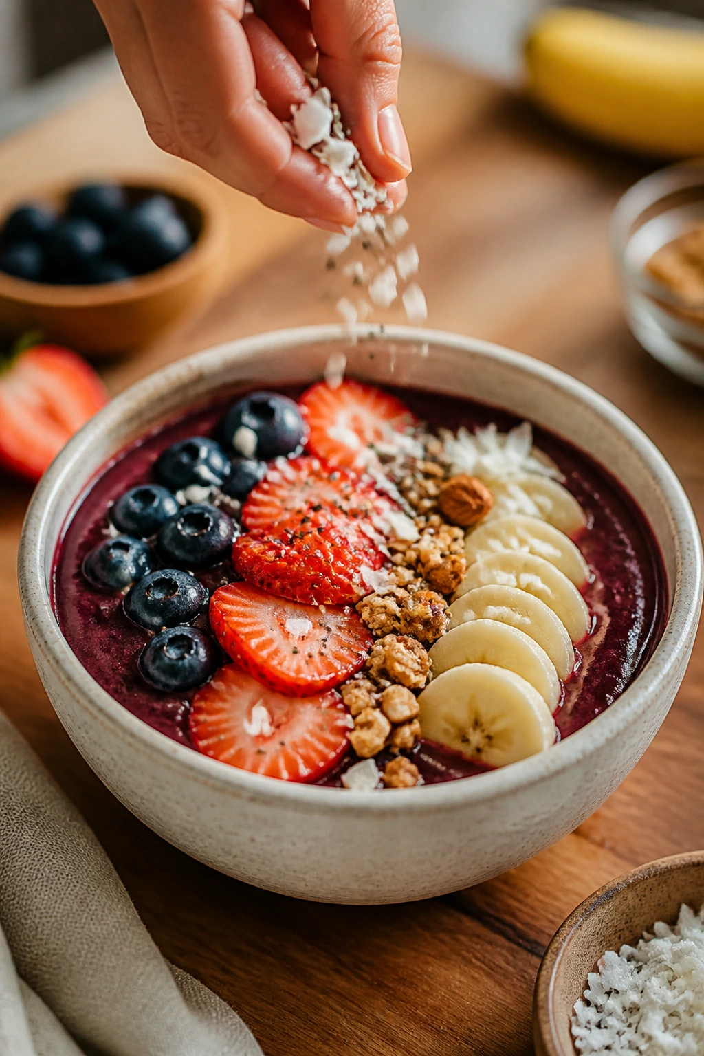Exploring the pH Balance of Acai: Is Acai Acidic or Alkaline? 7 Close-up of a vibrant acai bowl being topped in a real kitchen, acai as the focal point