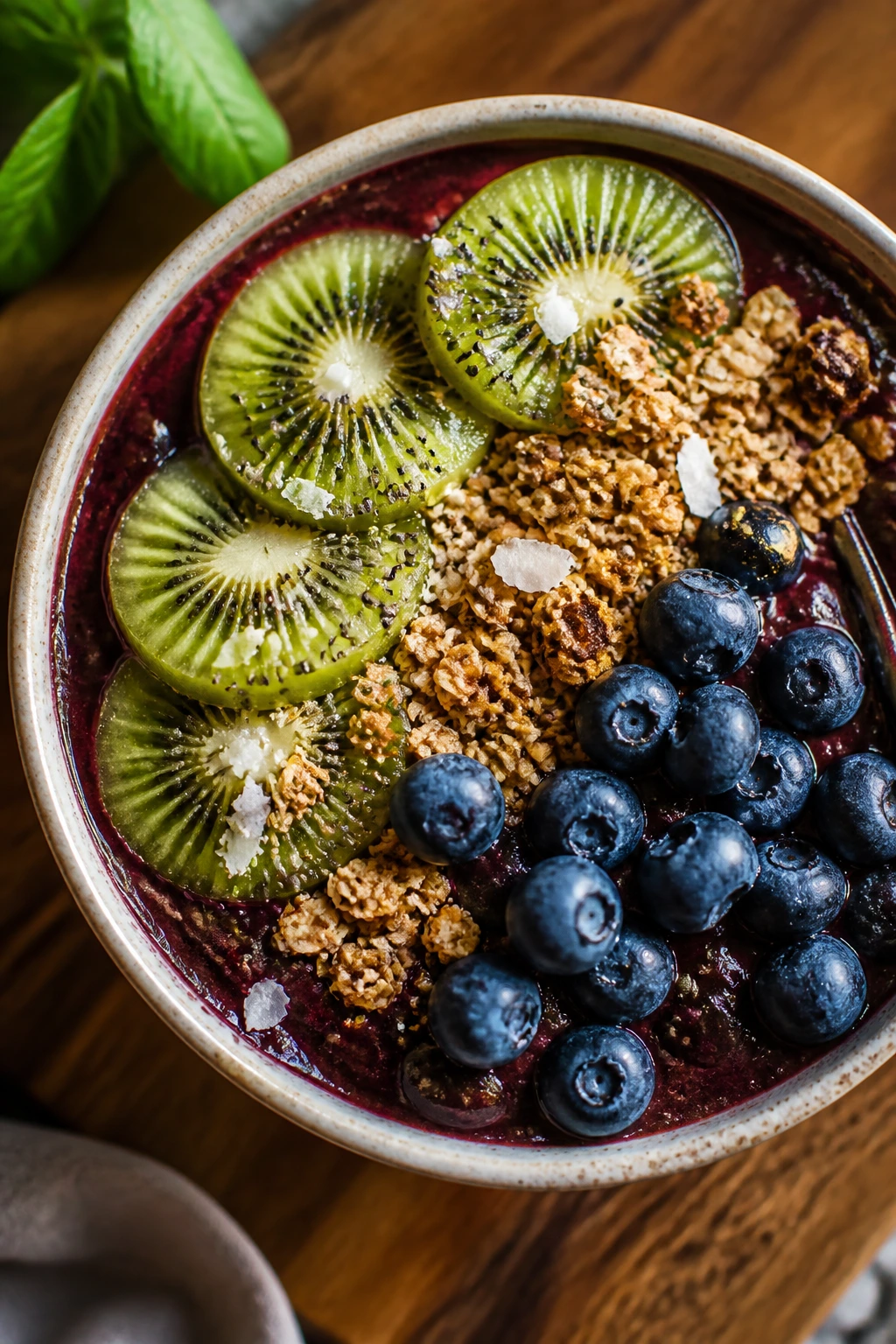 Top-down view of a colorful acai bowl with kiwi and blueberries on a wooden counter