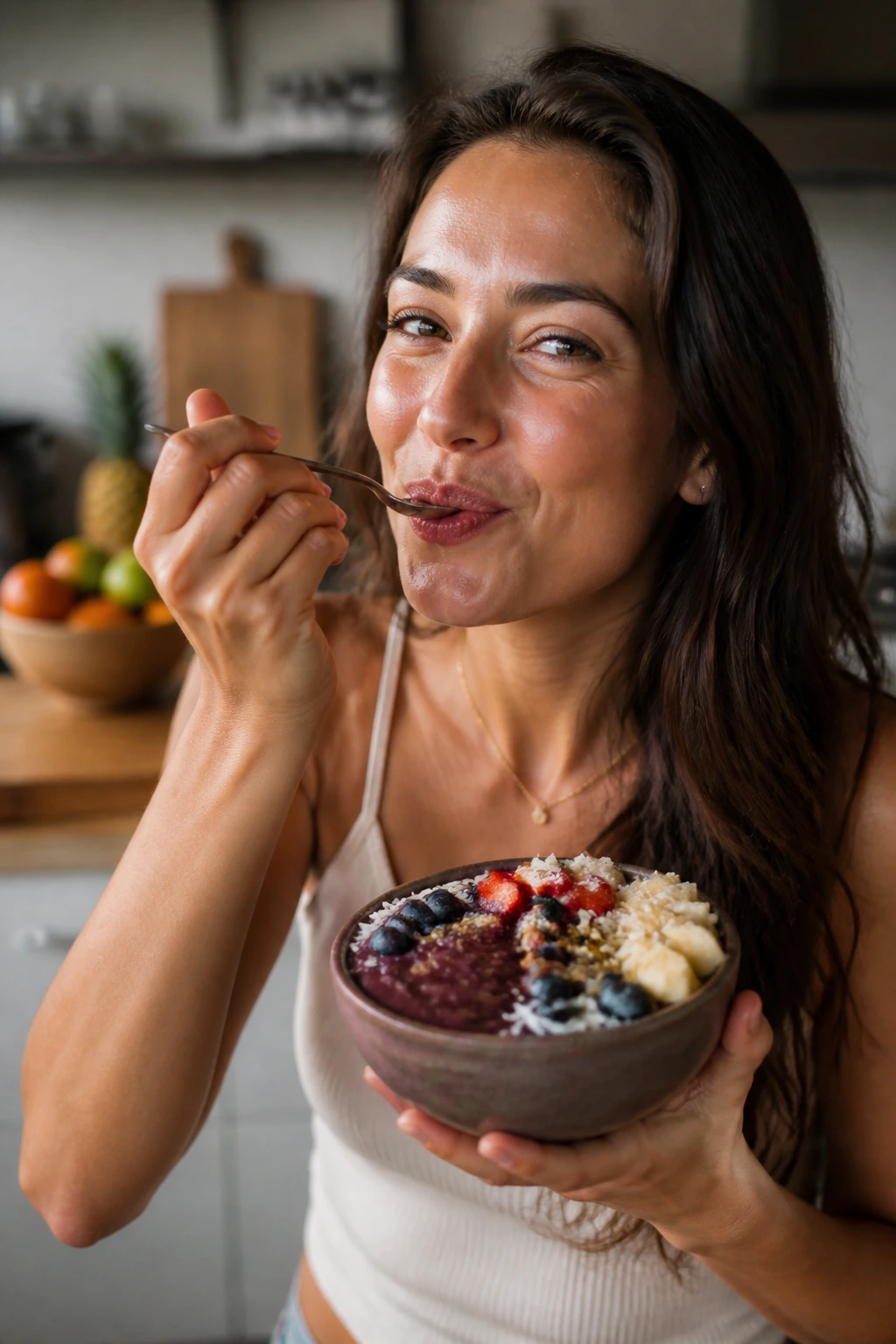 Close-up of a woman tasting acai bowl in a cozy kitchen