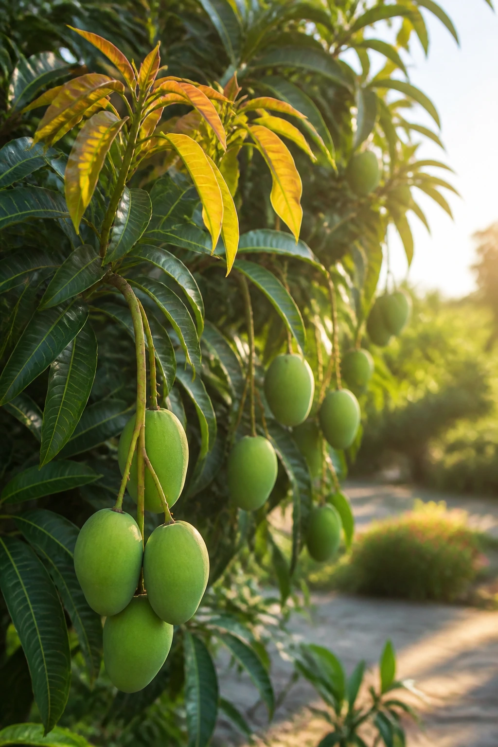 Thriving mango tree in sunlit garden with developing fruit.