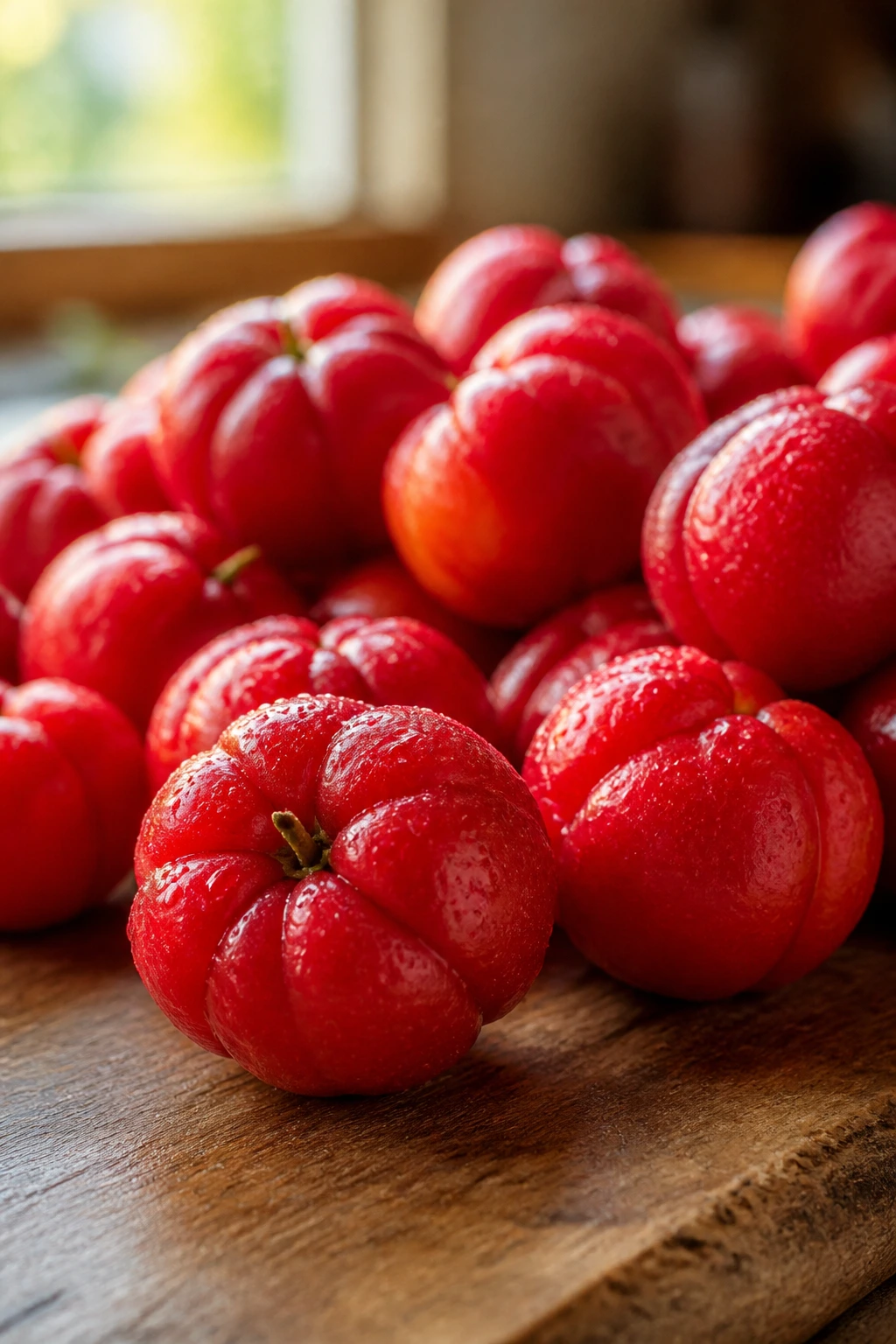 10 Special Fruits That Are Superfoods (For A Healthy Diet) 7 Close-up of bright red acerola cherries on a wooden board