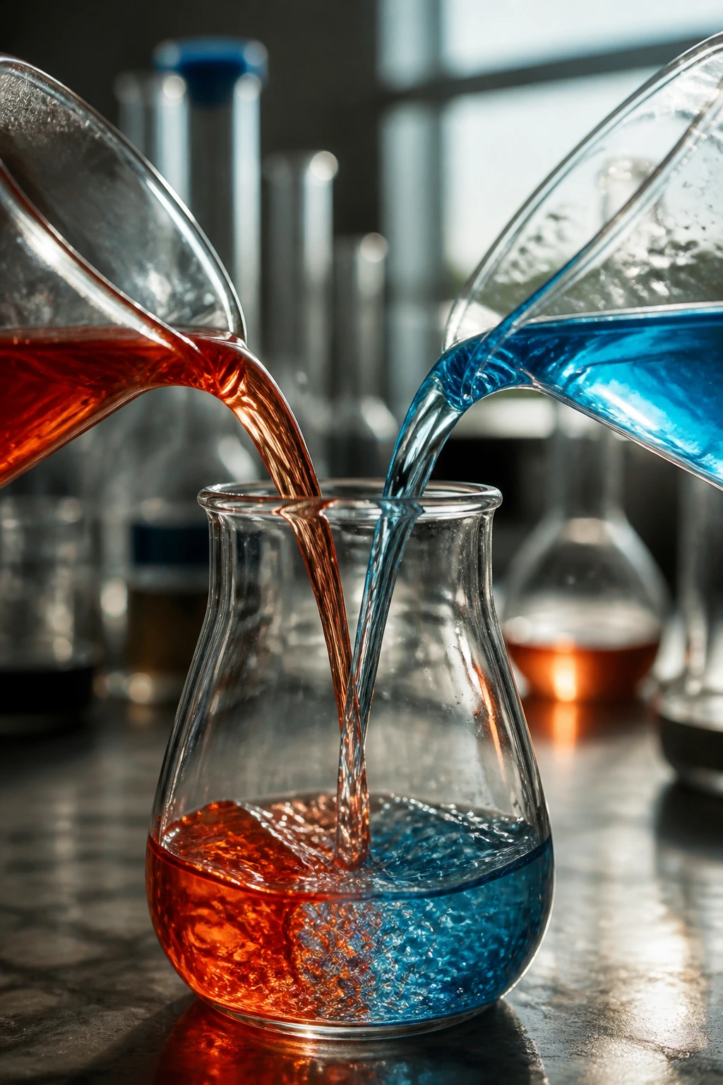 Close-up of a glass container with red and blue liquids illustrating acid-alkaline balance in the body