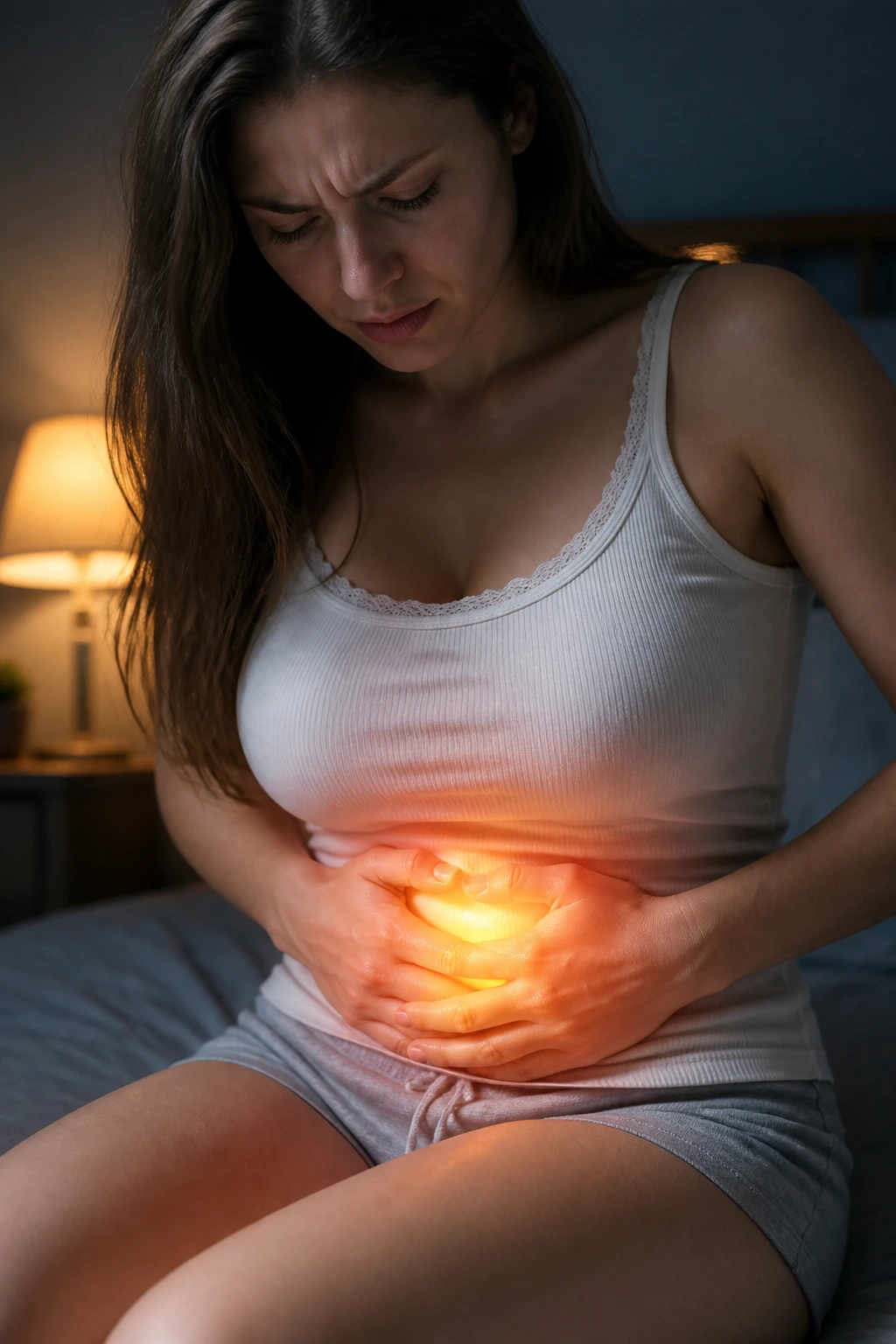 10 Surprising Disadvantages Of Eating Fruits At Night 7 Close-up of a real person showing stomach glow to symbolize acidity at night