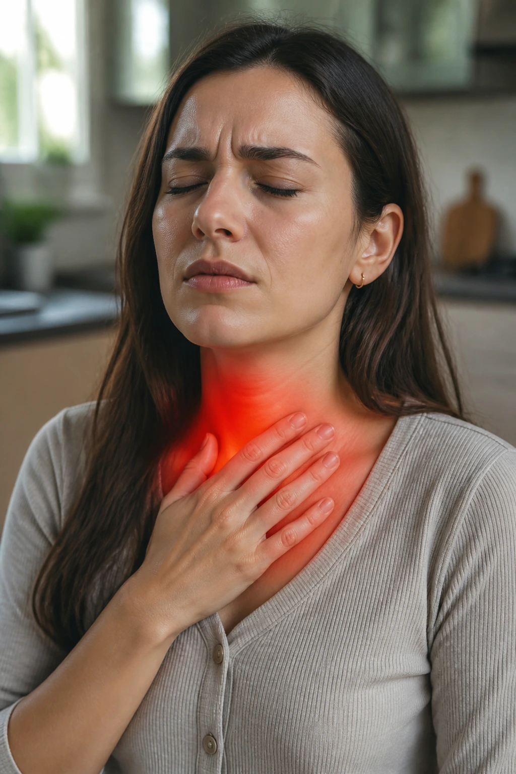Heartburn Concerns: Do Bananas Give You Heartburn? 2 Close-up of a person showing acid reflux area with a glow near the throat