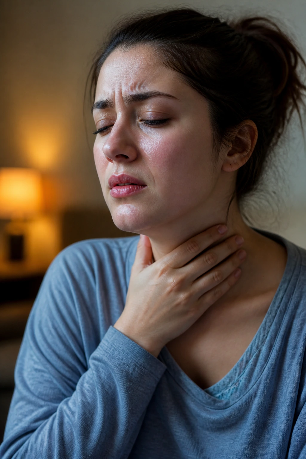 Portrait of a person showing throat discomfort in a dim living room