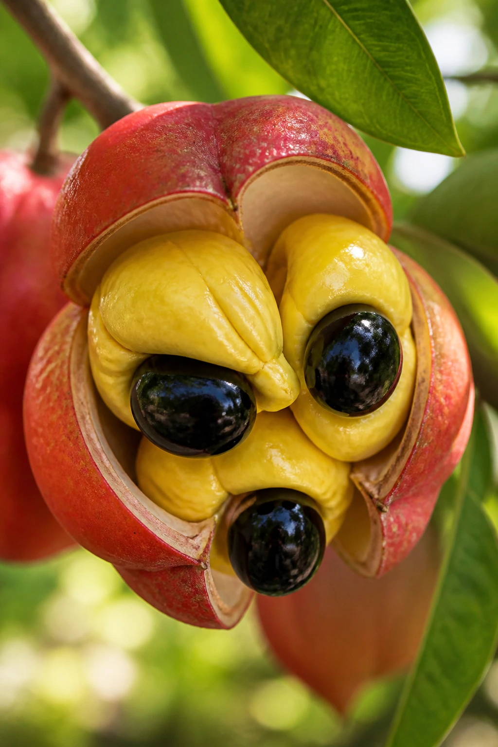 Close-up of ripe ackee fruit with red rind opened to reveal yellow flesh and black seeds