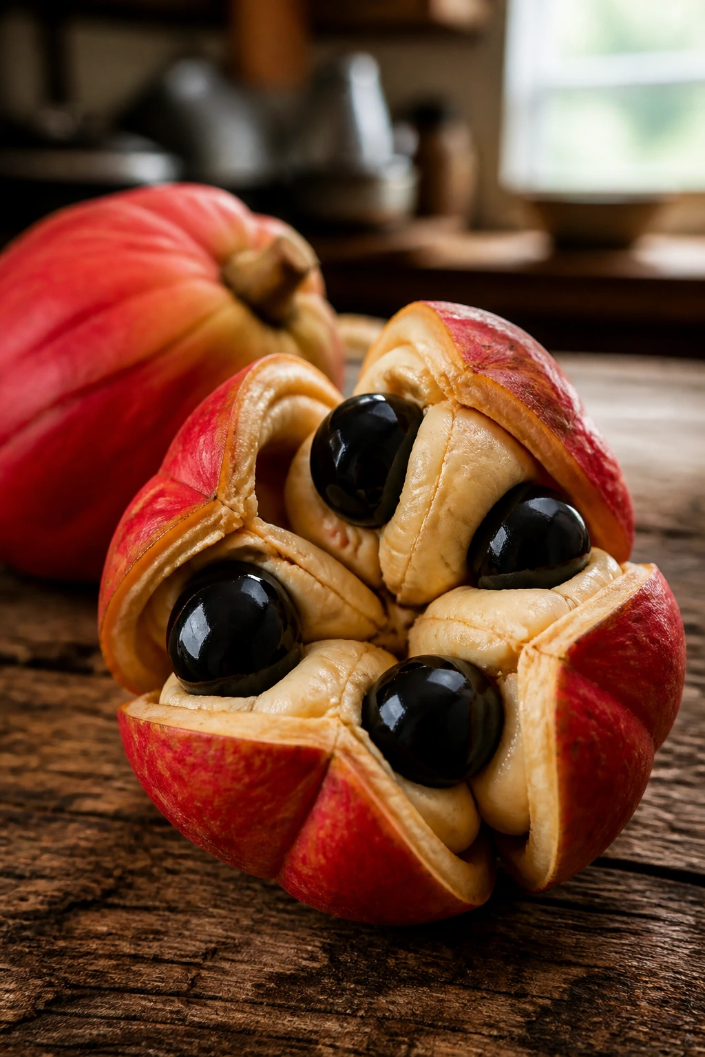 Close-up of ripe ackee fruit showing white flesh and seeds on wooden surface