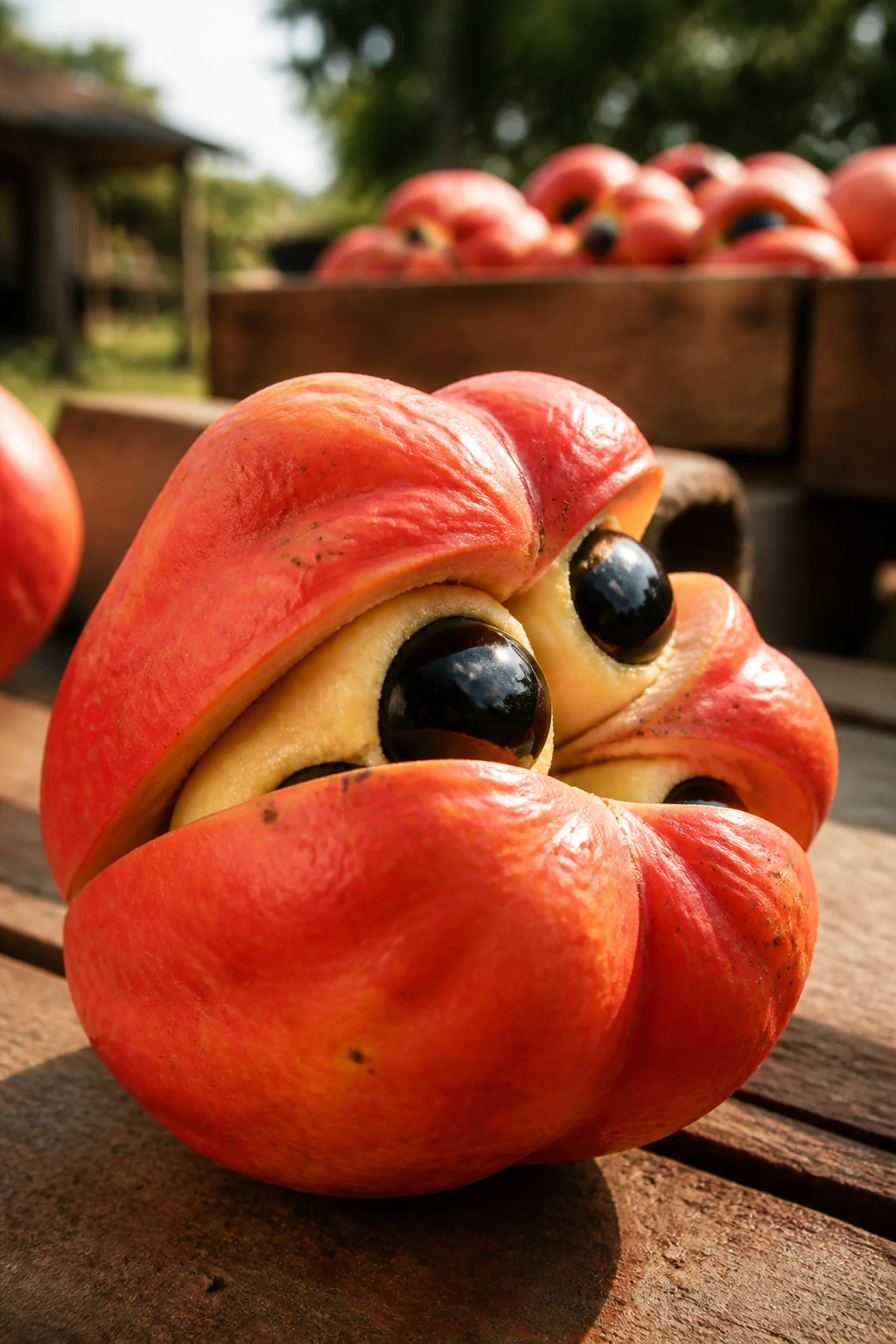 Close-up of a ripe ackee fruit highlighting red skin in a rustic Jamaican market setting