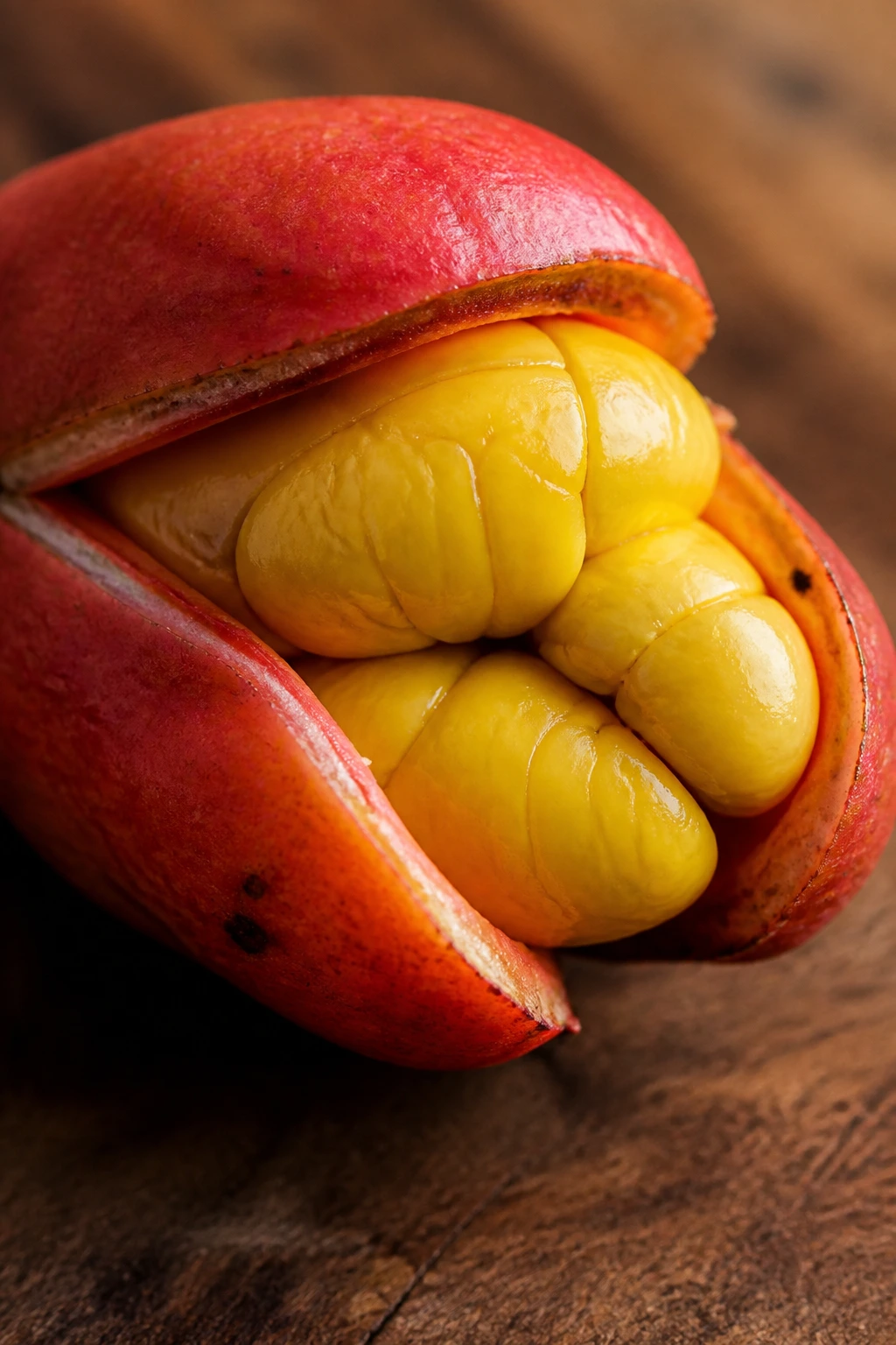 Close-up of an opened ackee fruit showing yellow arils on a wooden board in natural light