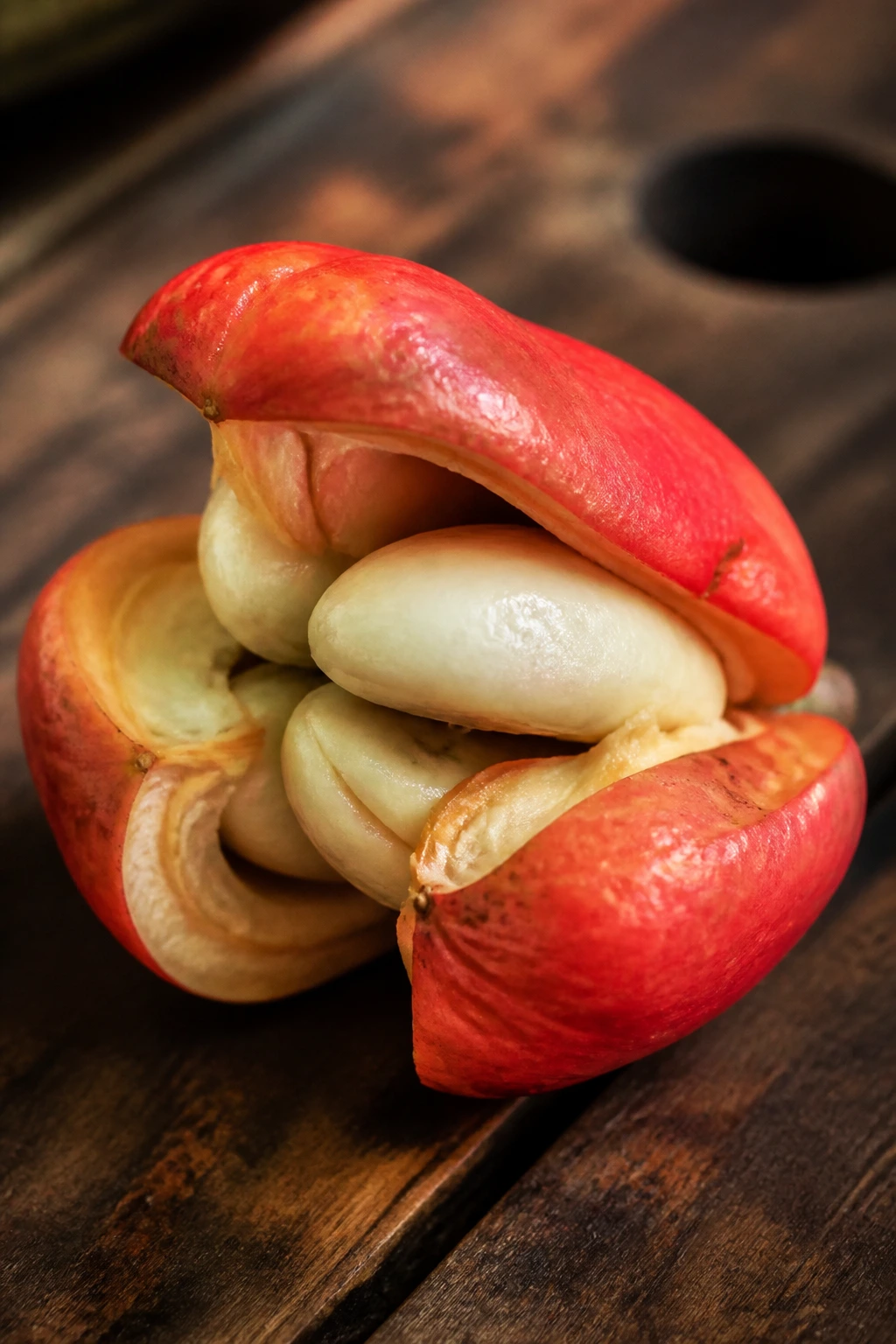 Close-up of a red ackee fruit opened to show white arils